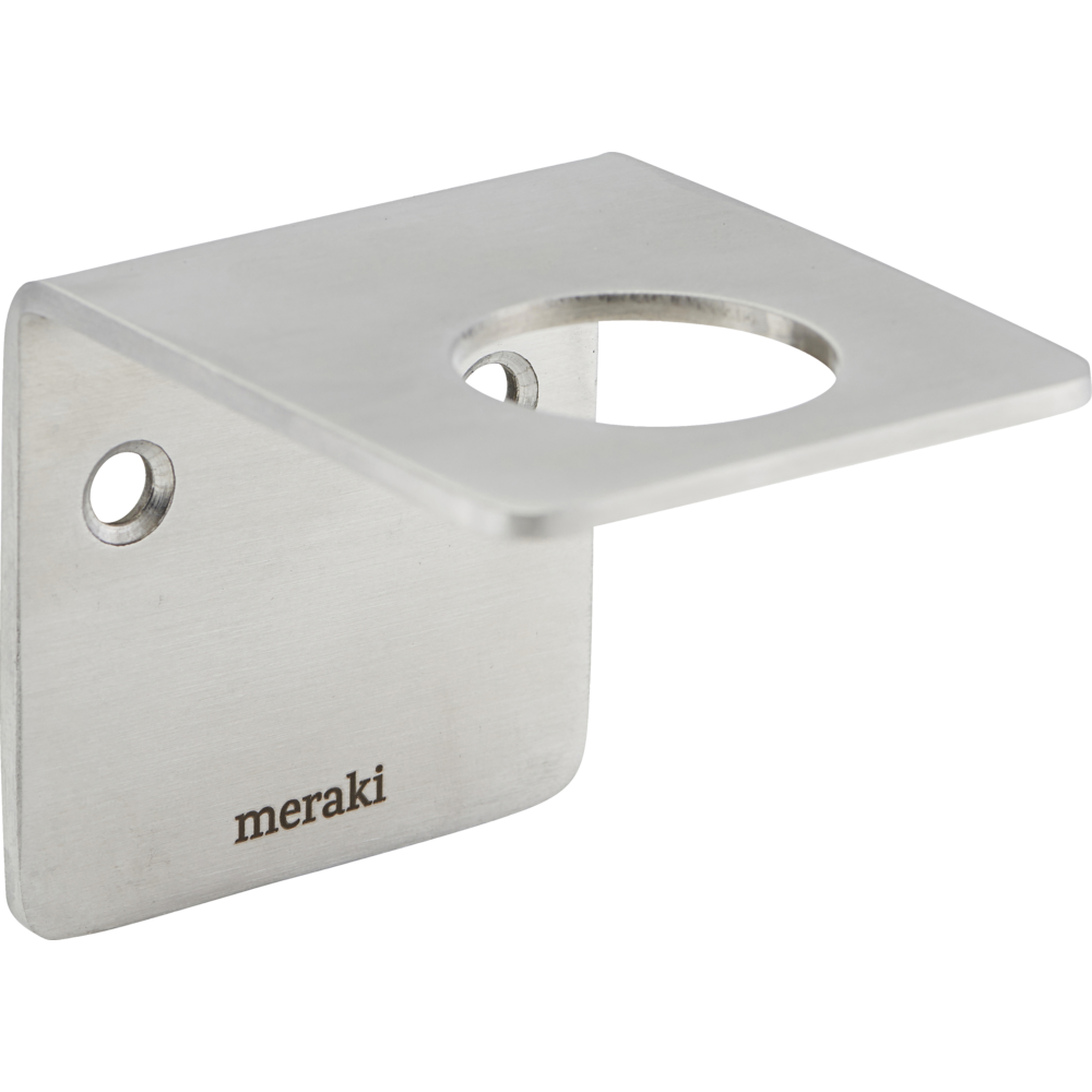 The Meraki Bottle Hanger is a rectangular stainless steel wall bracket with two screw holes, a circular cutout for holding bottles, "meraki" engraved on the side, and a sleek brushed silver finish.