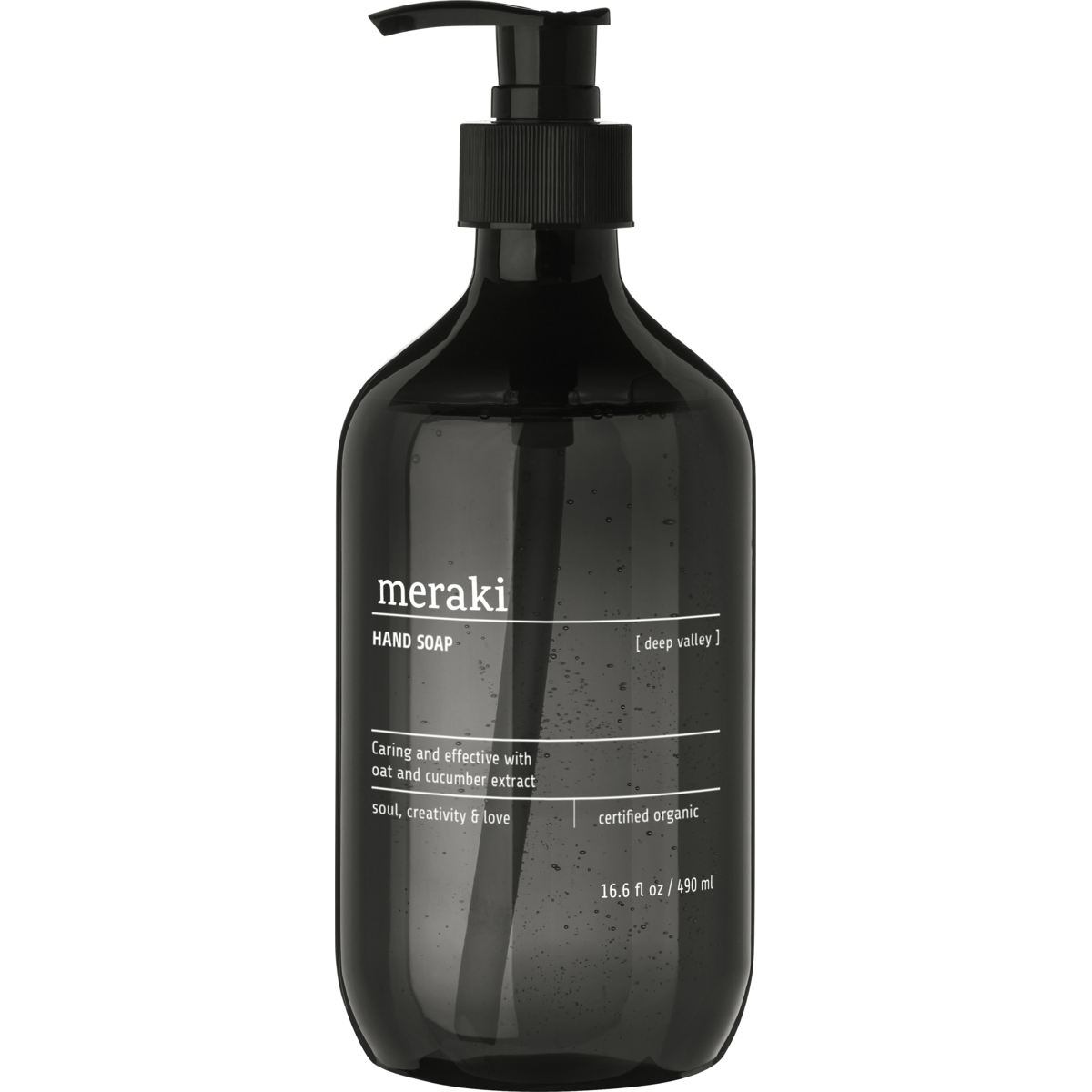 Meraki Hand Soap, Deep Valley, 490 ml, features an elegant minimalist black pump bottle and offers a refreshing fragrance with oat and cucumber extracts. Certified organic.