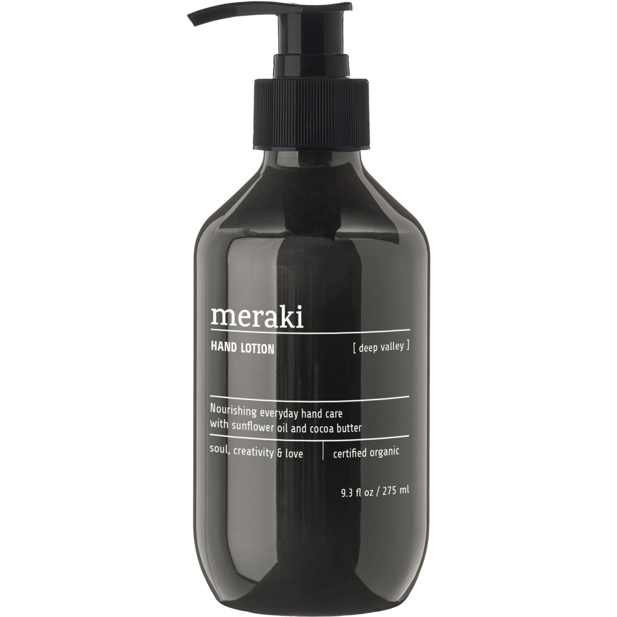 Meraki Hand Lotion, Deep Valley (275 ml), in a black pump bottle, provides nourishing daily care with organic sunflower oil and cocoa butter for soft, hydrated skin. Certified organic for peace of mind.