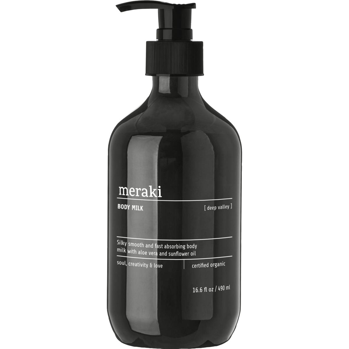 A black pump bottle labeled Meraki Body Milk, Deep Valley, 490 ml. Enriched with aloe vera and natural oils, its described as silky, fast-absorbing, certified organic. The bottle holds 16.6 fl oz (490 ml).