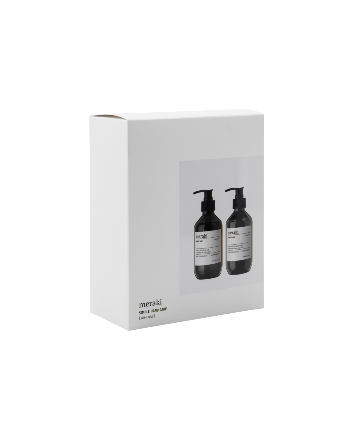 The Meraki Gift Box Silky Mist Hand Care Set includes organic hand soap and hand lotion in a minimalist white box with two stylish black pump bottles, perfect for thoughtful, elegant hand care.
