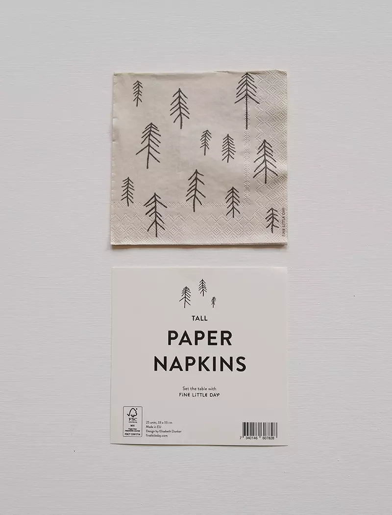 A Fine Little Day Pine (Tall) Paper Napkin, 33 cm x 33 cm, with a simple black pine tree print is shown above its "Tall Paper Napkins" packaging—perfect for adding Scandinavian style to modern table settings.