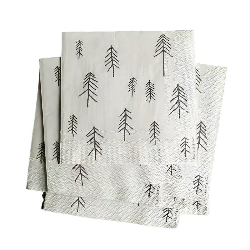 Set of four Fine Little Day Pine (Tall) paper napkins (33 x 33 cm), featuring a subtle black pine tree design on white—ideal for Scandinavian-style, modern table settings.