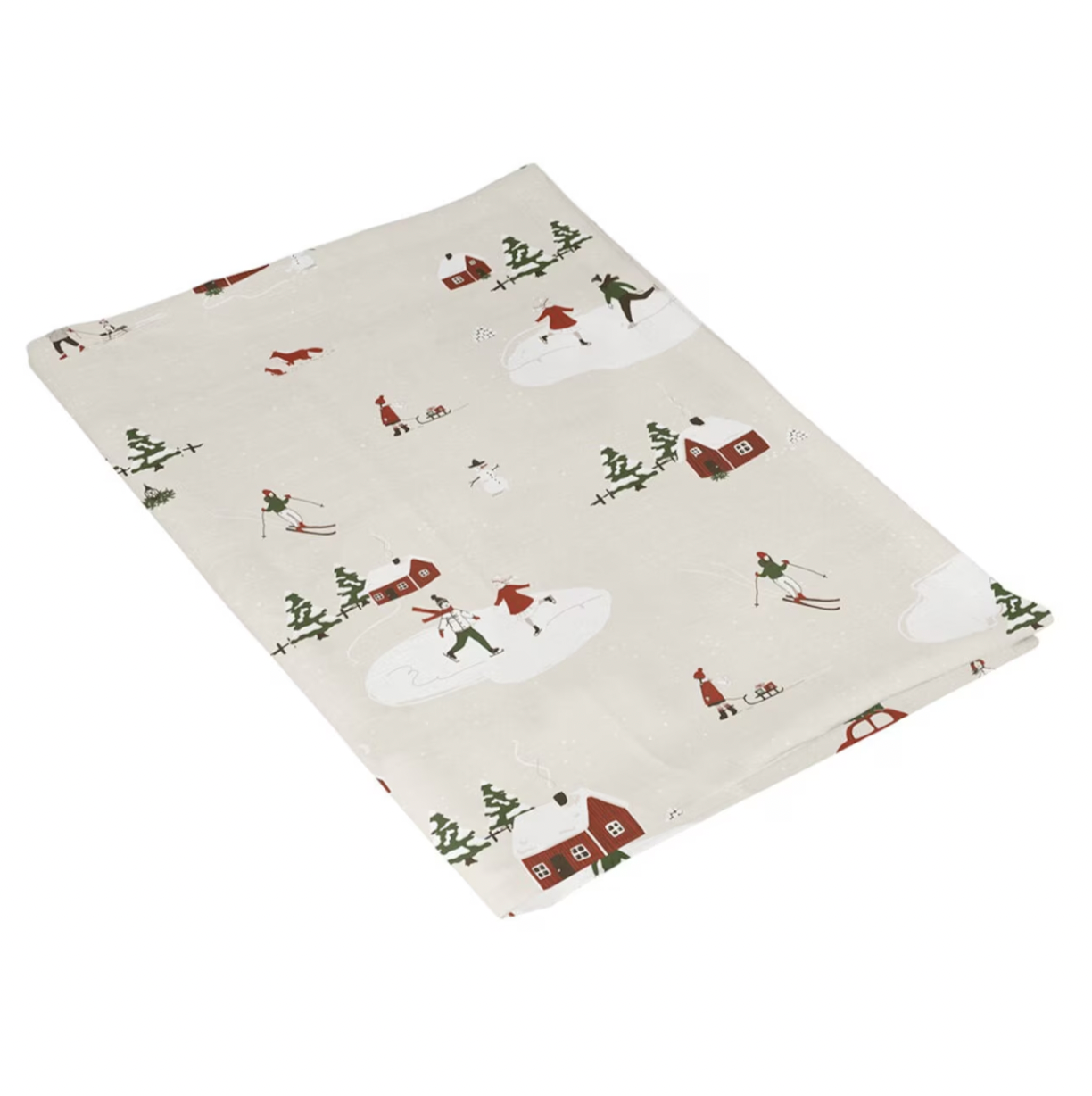 Tea Towel Winter land Vinterland 50 x 70 cm by Strömshaga features skiers, sledders, trees, houses, and snowmen on a light background—an organic cotton towel ideal for adding festive charm to your Christmas kitchen.