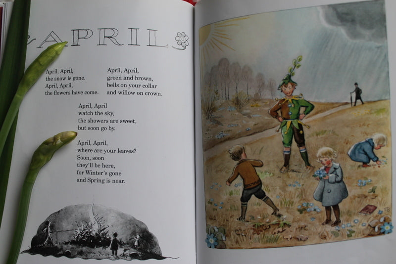 The Around the Year Mini Edition Book by Elsa Beskow features a charming April poem and spring scene with children and a joyful figure in nature, beautifully illustrated on each spread.