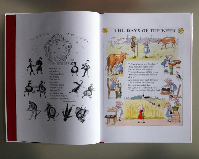 The Around the Year Mini Edition Book by Elsa Beskow is open, displaying a clock and people on one page, and farm scenes with cows and daily life titled "The Days of the Week" on the other.