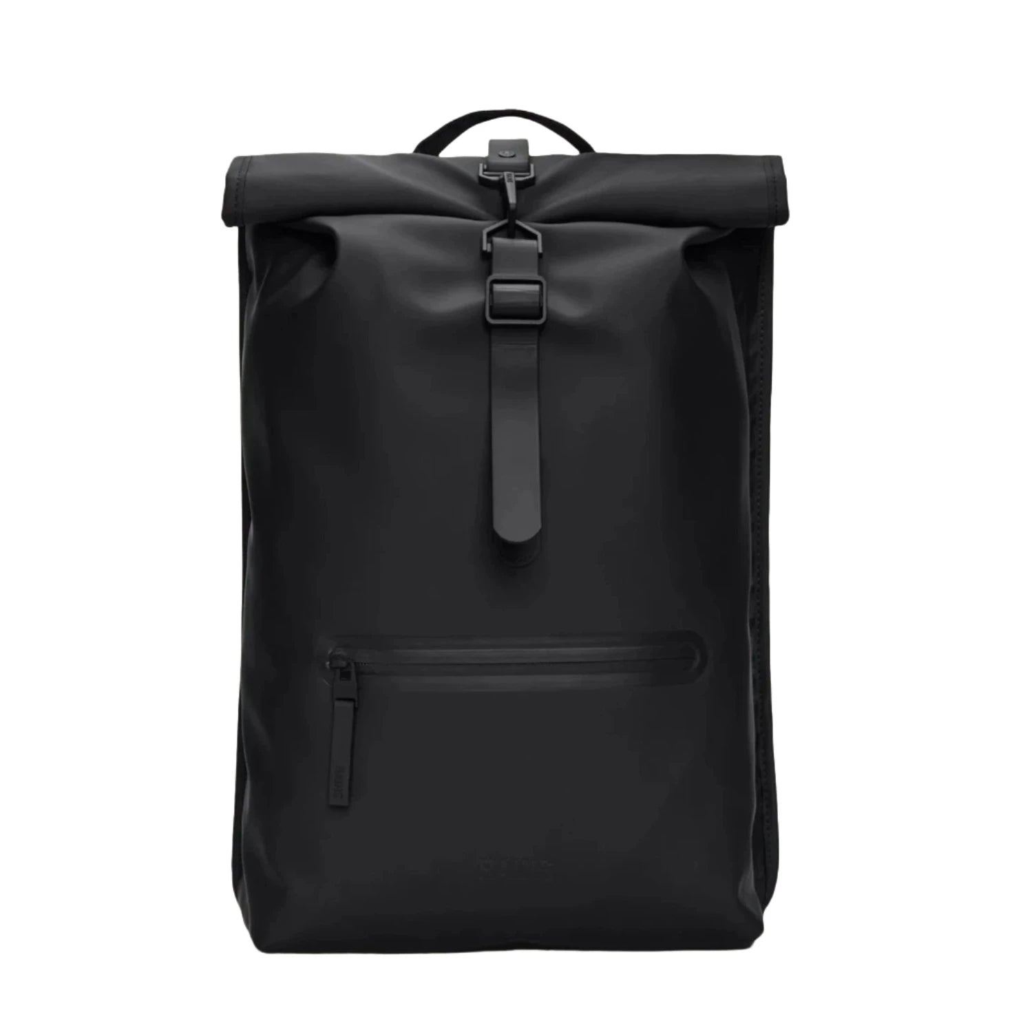 The Rains Rolltop Rucksack Backpack in Black by Rains features a minimalist, modern design with a front zippered pocket and a top buckle strap closure. This cycle-ready backpack is photographed against a white background.