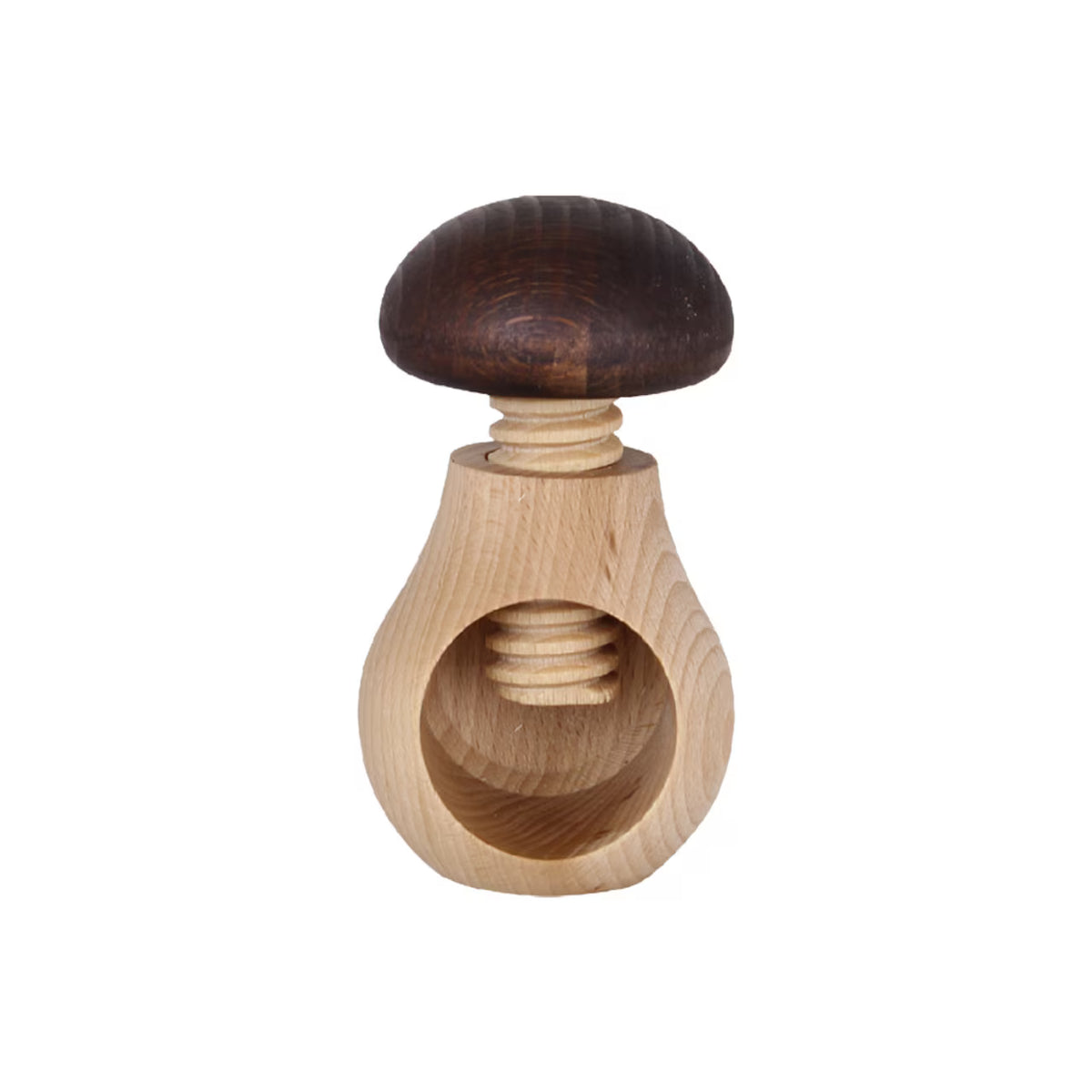 The Strömshaga Nutcracker Mushroom, Brown in Beech Wood, features a classic mushroom shape with a dark brown top and a light beech wood base, and is equipped with a screw mechanism for cracking nuts.