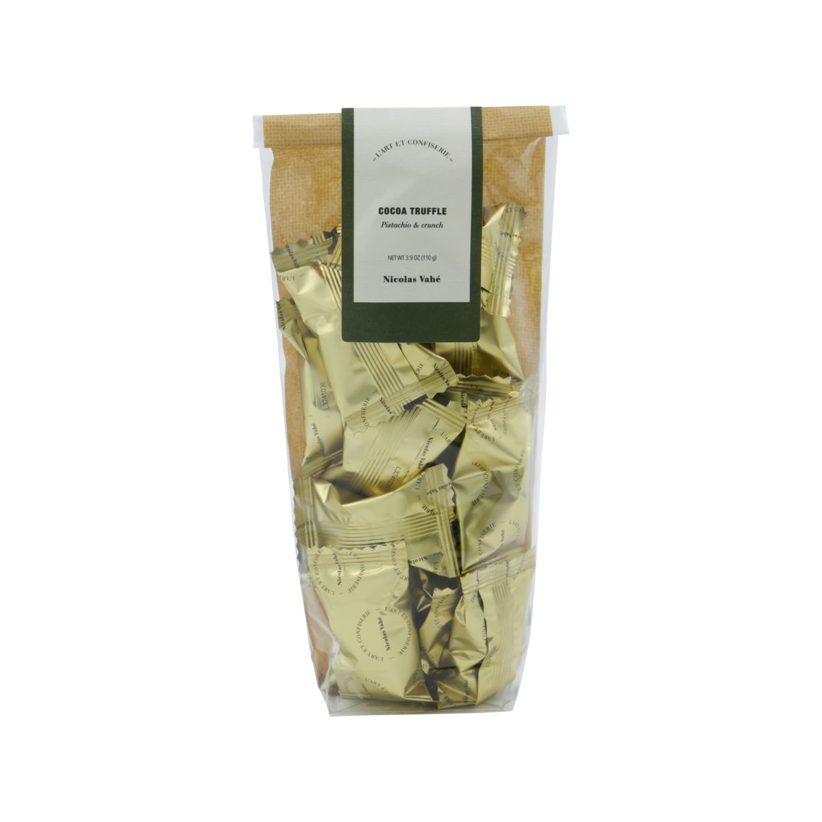 A clear bag of individually wrapped Chocolate Truffles, Pistachio & Crunch from Nicolas Vahé, featuring a green and white branded label on the front.