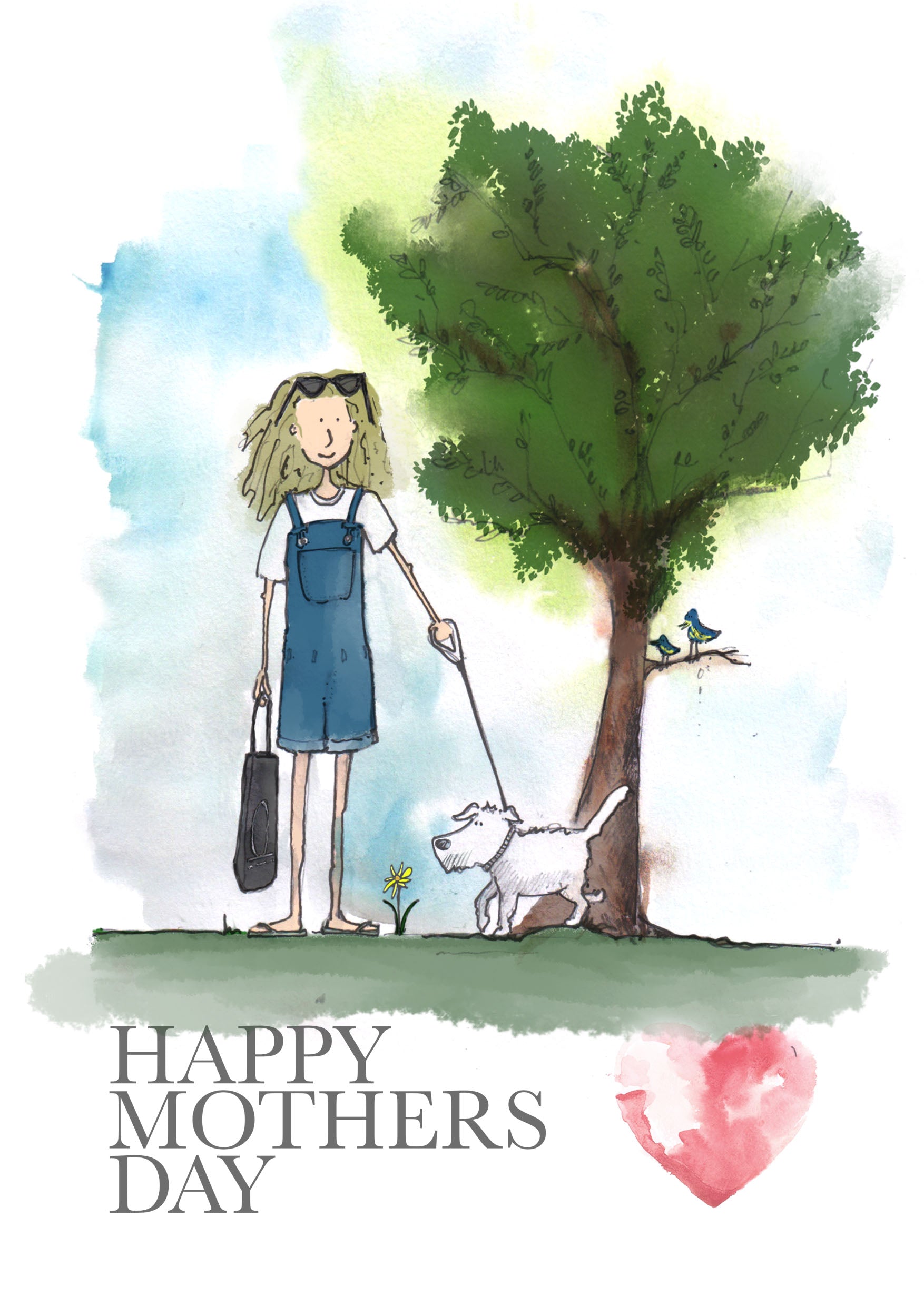 A joyful Mothers Day Card - Dog Mum by Blåbär Nordic Living features a woman in blue walking her white dog under a tree with birds, and "Happy Mothers Day" beside a pink heart—ideal for dog mums and greeting card lovers.