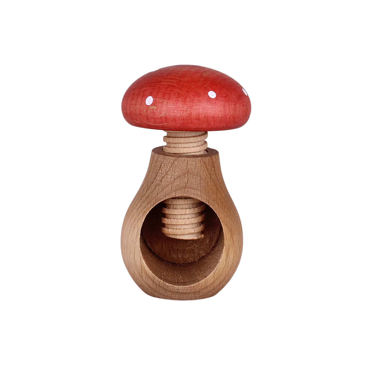 The Strömshaga Nutcracker Mushroom Fly Agaric, Flugsvamp in beech wood, features a red cap with white spots and a central screw mechanism for easy nut cracking.