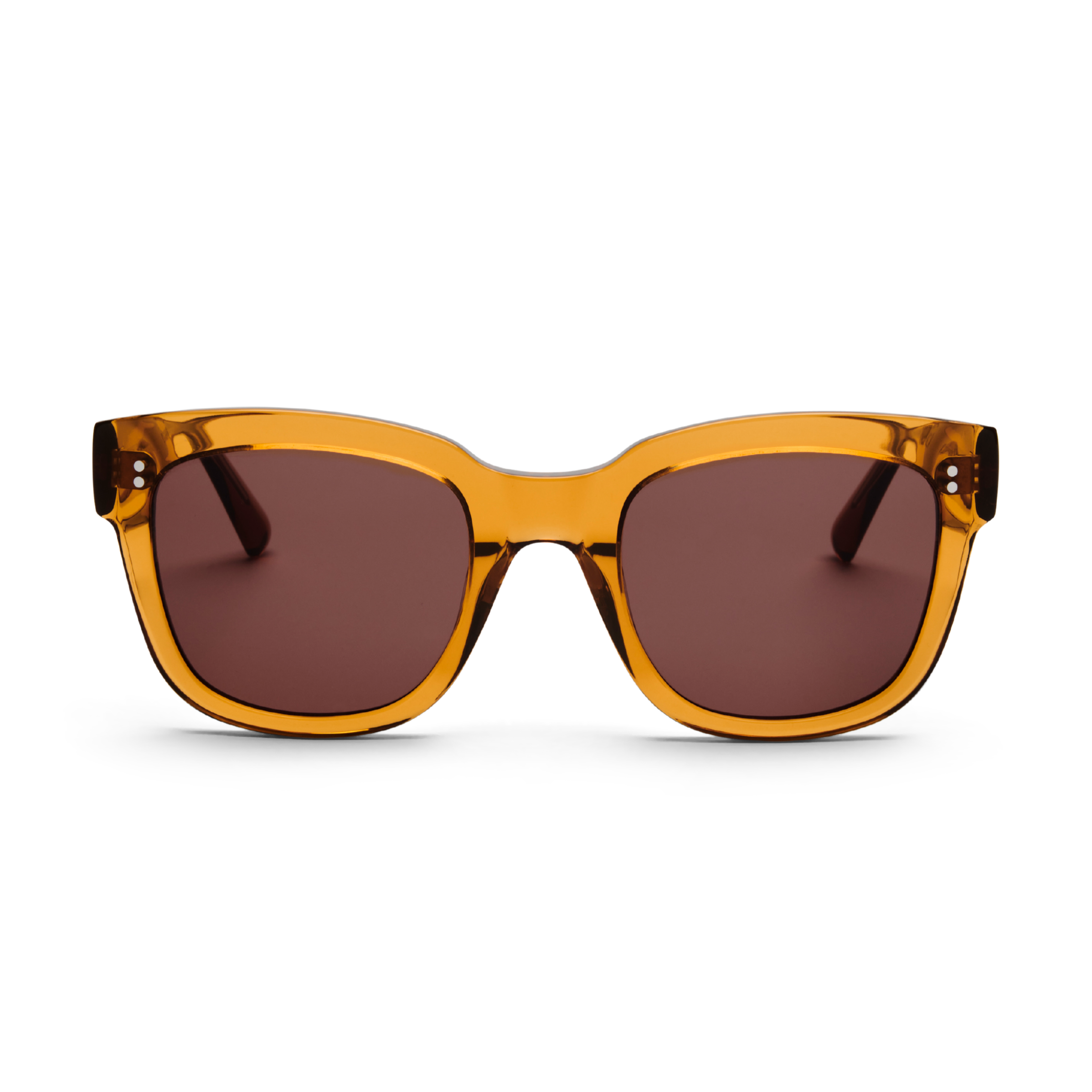 Front view of MESSYWEEKEND Sunglasses Liv in Coffee Brown with brown anti-scratch lenses and black acetate arms, handcrafted for full UV protection, shown against a white background.
