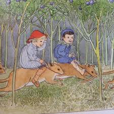 In Elsa Beskow’s "Peter in Blueberry Land Mini Edition," two children in vintage attire ride deer through a lush forest of green grass and blue fruit, capturing the timeless charm of a classic children’s picture book.