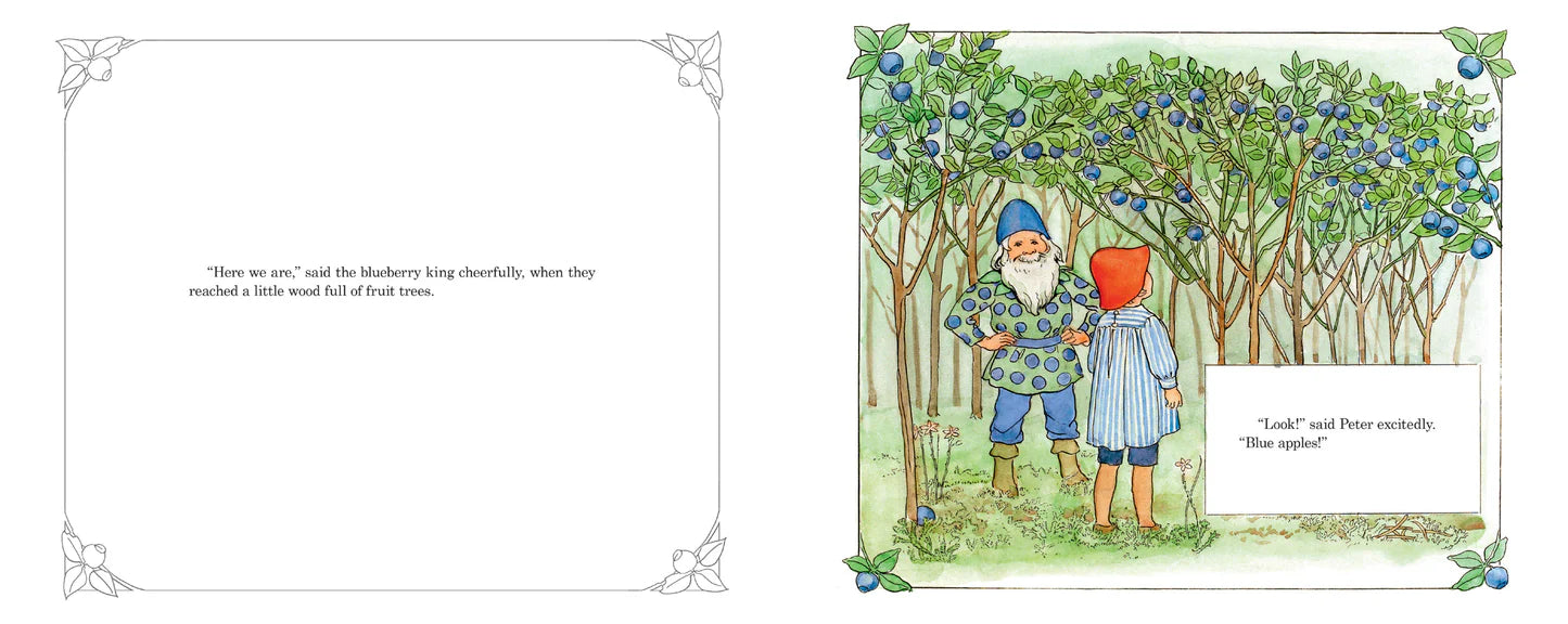 Two gnomes explore blueberry bushes in this enchanting scene from Elsa Beskow’s "Peter in Blueberry Land Mini Edition Book," one pointing at the berries while the other, in a red hat, watches excitedly—capturing classic storybook charm.