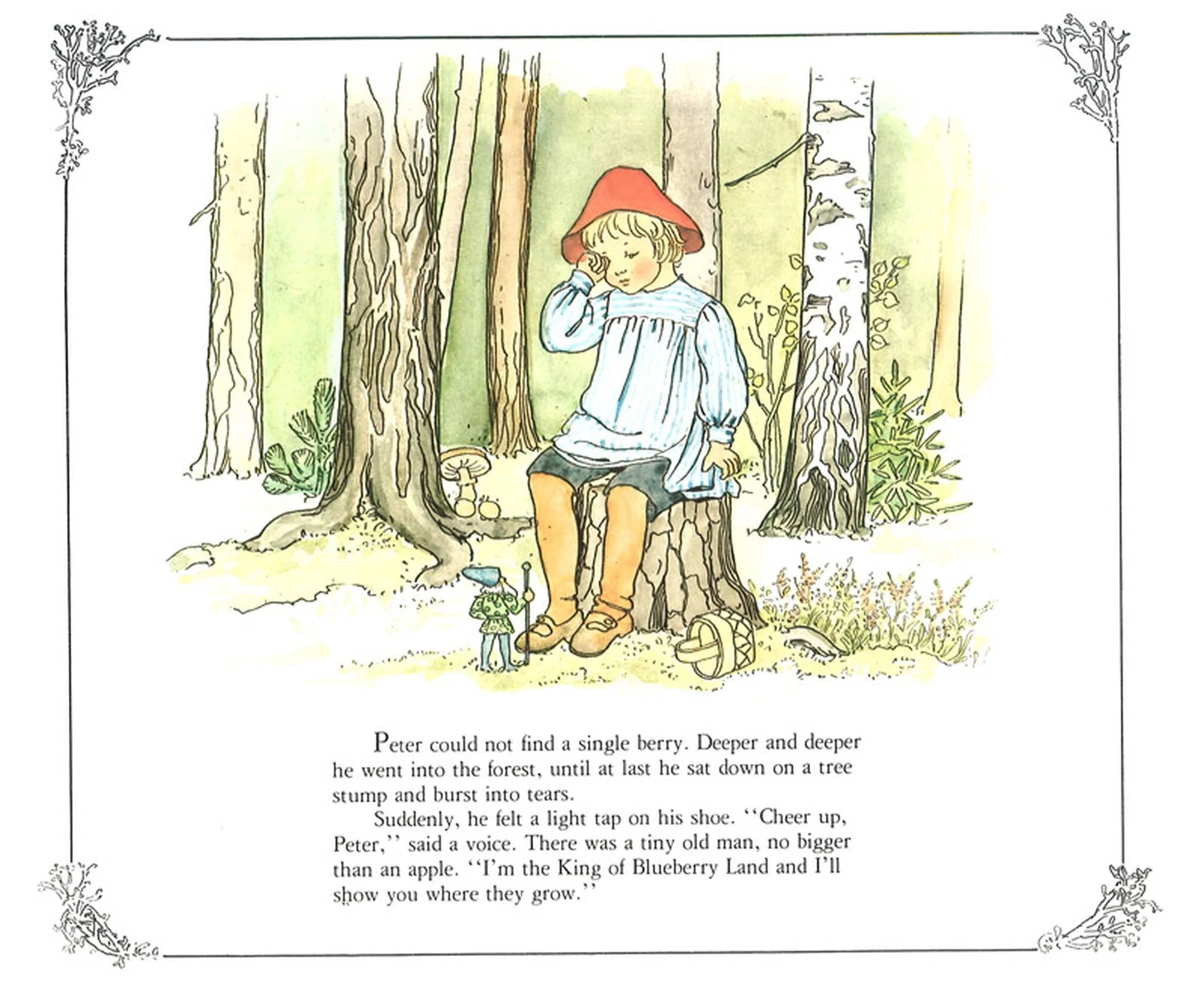 A scene from the "Peter in Blueberry Land Mini Edition Book" by Elsa Beskow: a child in a blue tunic and red hat sits crying on a stump as a crowned, green-clad figure speaks to him in the forest—full of storybook charm.