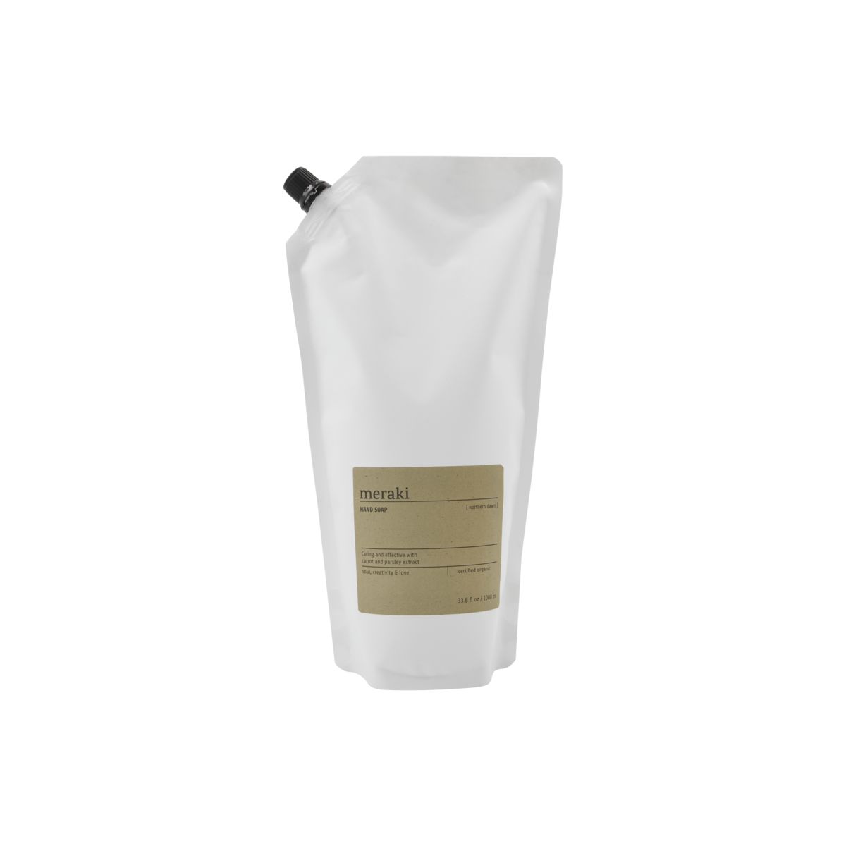 A Hand Soap Organic, Northern Dawn Refill by Meraki with a black cap, white packaging, and beige label stands upright against a plain white background.