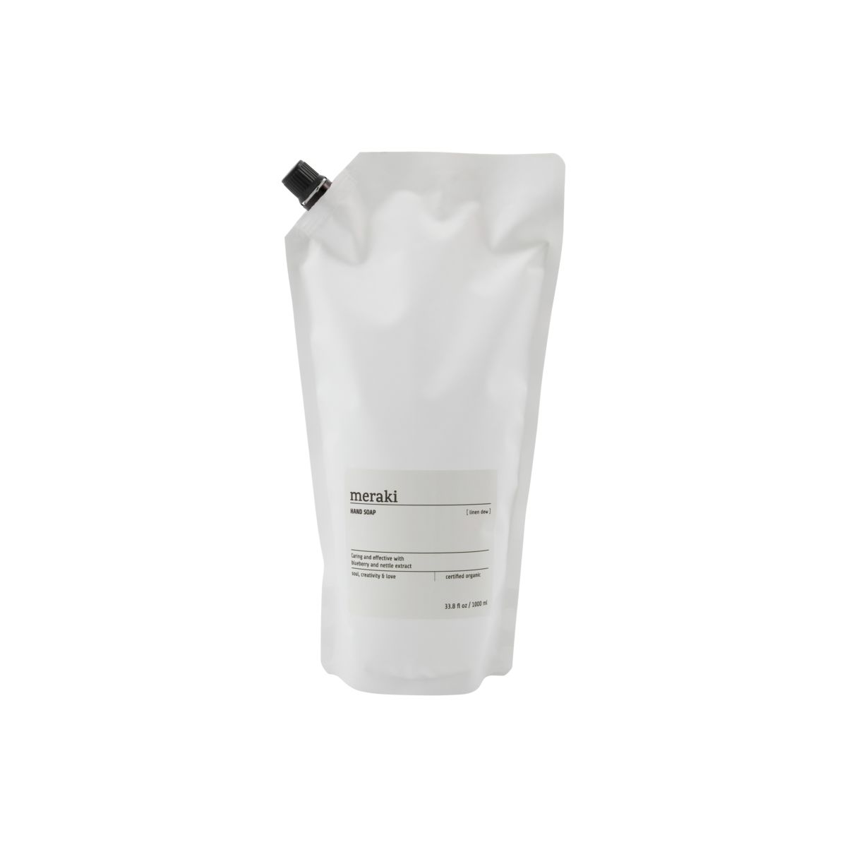A Meraki Hand Soap Organic, Linen Dew Refill pouch with a black cap stands upright against a plain white background.