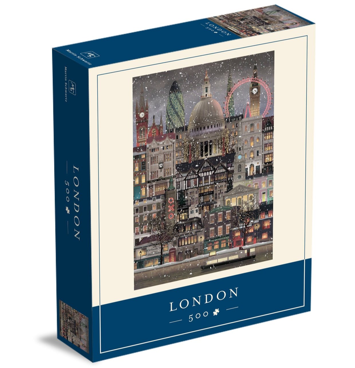 Experience London at Christmas with Martin Schwartz’s 500-piece "Puzzle Christmas in London," featuring an illustrated snowy cityscape with landmarks like St. Paul’s Cathedral, the London Eye, and iconic red double-decker buses.