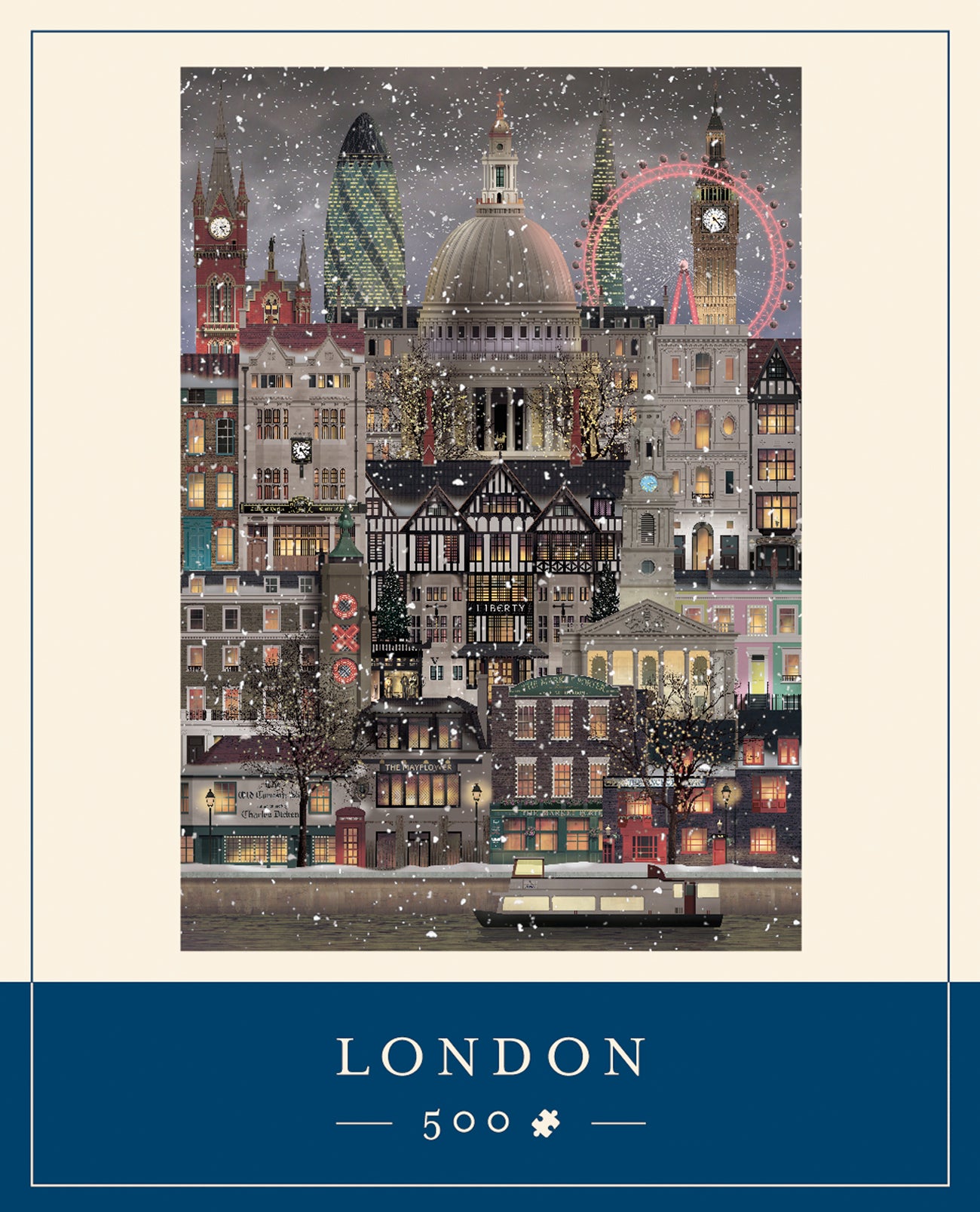 Detailed illustration of London landmarks in winter with snow, a red double-decker bus, and "Puzzle Christmas in London, 500 Pieces" by Martin Schwartz—packaged in a festive Christmas puzzle box.
