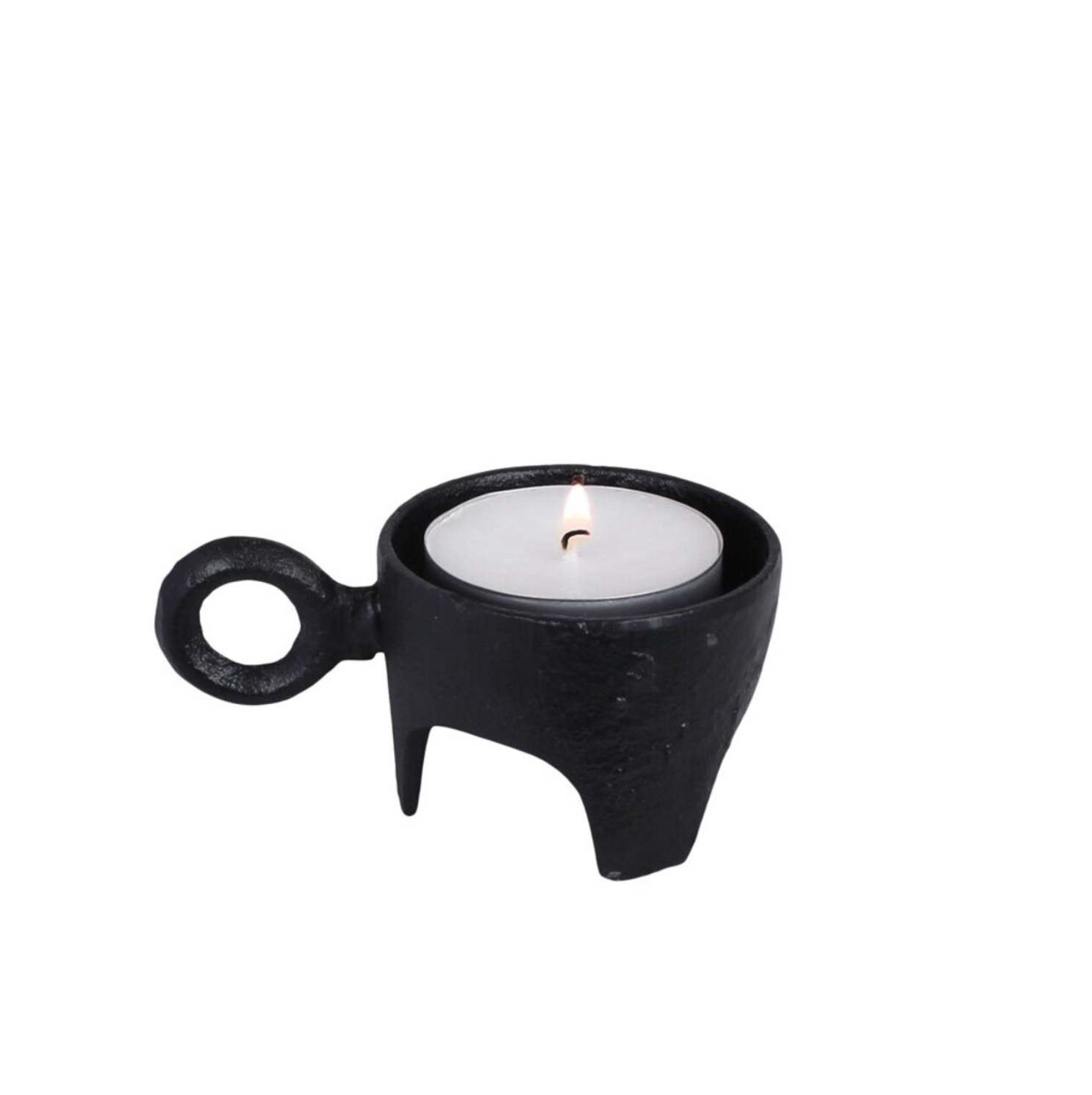 The Strömshaga Tea Light Holder Three Feet, made of cast iron and sized for large tea lights (6cm x 13cm), features three legs and a circular handle for a charming, vintage-inspired touch.