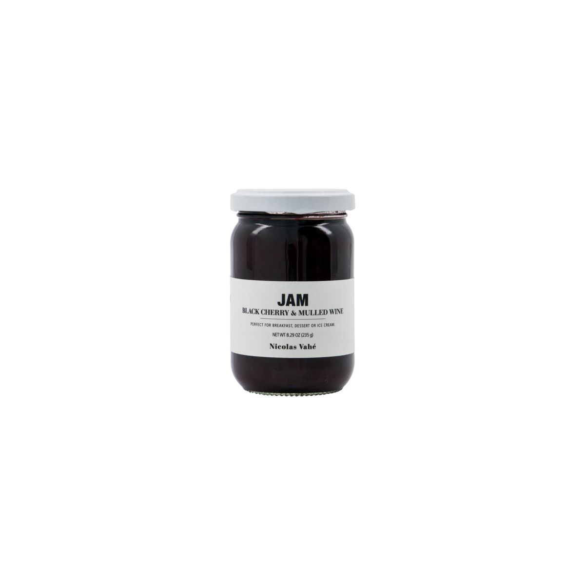 Nicolas Vahé's Jam Seasonal - Black Cherry & Mulled Wine is a gourmet spread in a glass jar with a white lid and label, shown against a plain white background.