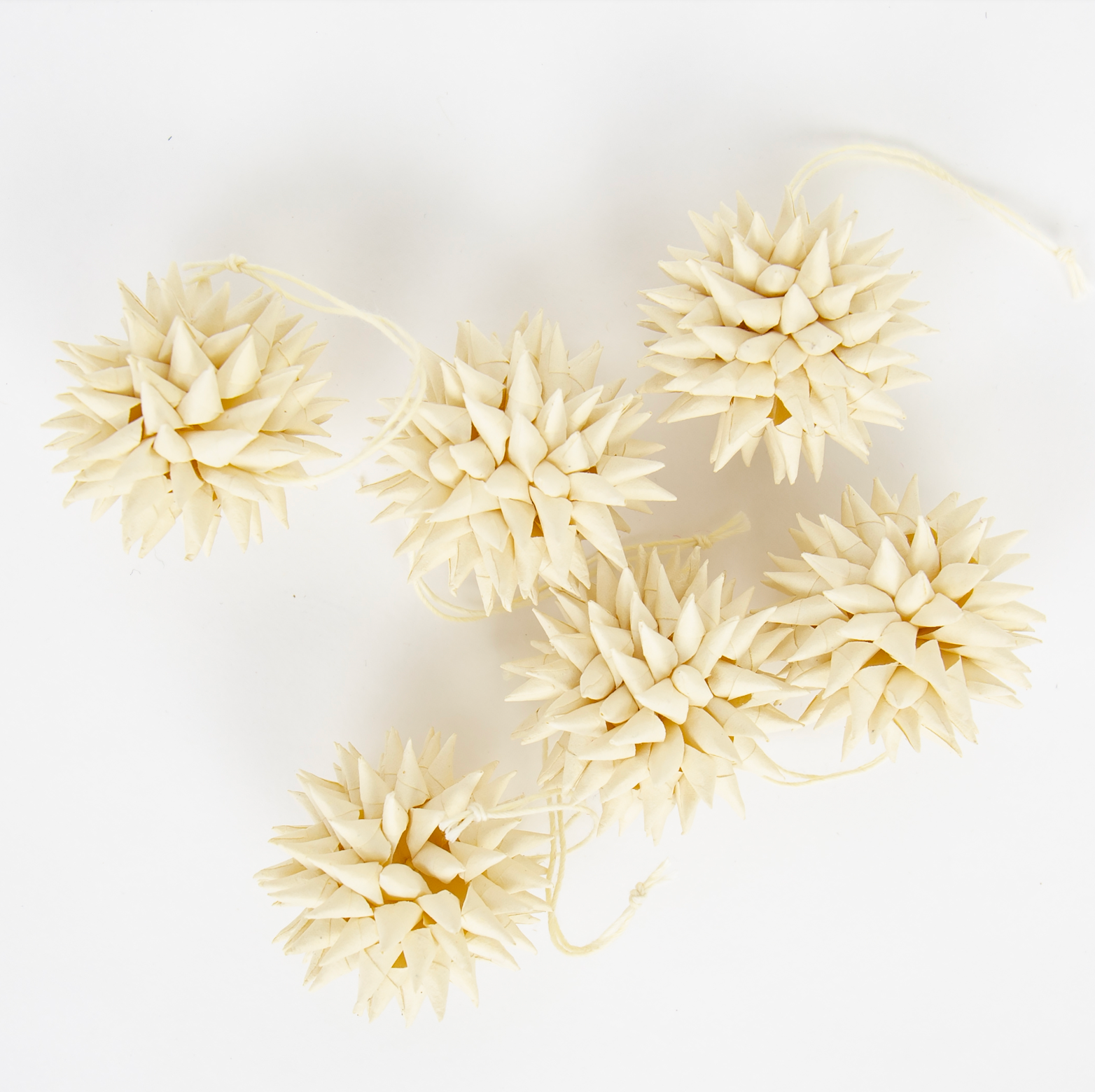 A World of Craft's Kotte Mini Christmas Ornament, 6 pack in Beige, features cream spiky spheres made from rolled paper—handcrafted, eco-friendly ornaments perfect for festive décor.