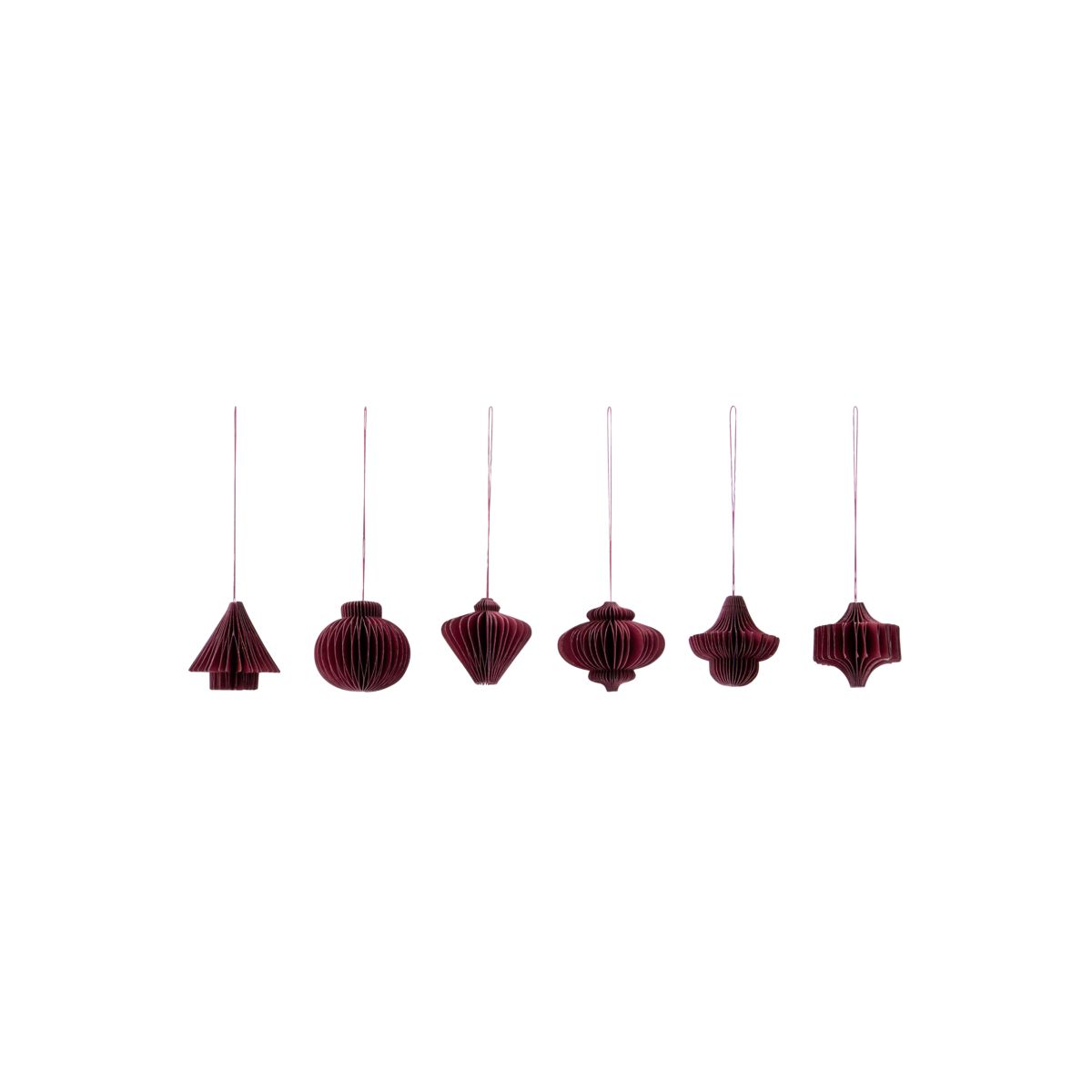 The House Doctor Ornament Comb in Paper, Burgundy, Set of 6 features vintage-inspired geometric paper ornaments that hang elegantly, adding timeless charm to your Christmas décor.
