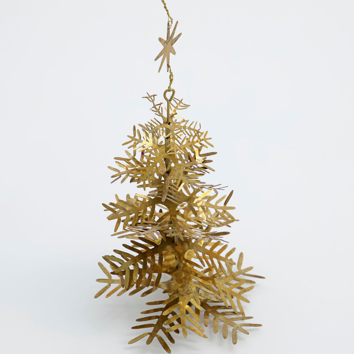 The House Doctor Lamet Christmas Tree Ornament in Antique Brass, Set of 3, features detailed branches and a star on top—ideal for elegant golden holiday décor. Photographed against a plain white background.