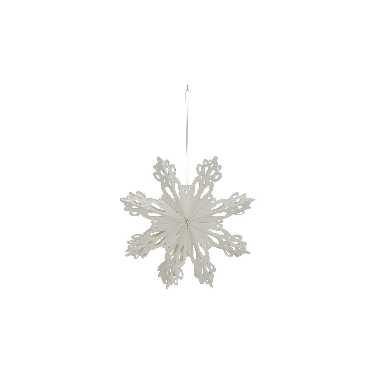 Set of 4 white Paper Snowflake Ornaments by House Doctor, featuring intricate cut-out patterns. These elegant paper decorations hang by a string, perfect for elevating your Christmas décor.