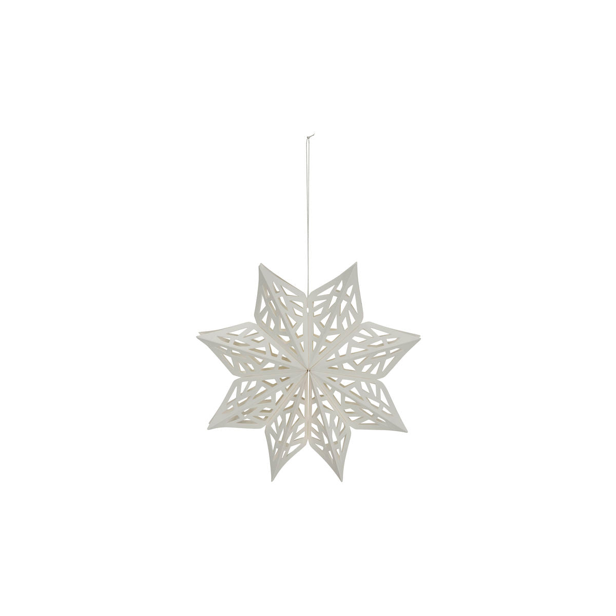 Set of 4 Paper Snowflake Ornaments by House Doctor—white paper with cutout patterns, hanging by a string against a plain background—a charming addition to your Christmas décor.