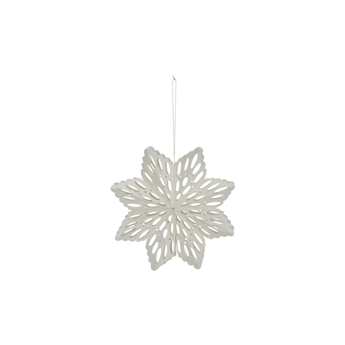 House Doctor’s Paper Snowflake Ornaments, Set of 4, hang by a string against a plain white background, bringing elegant charm to your Christmas décor.