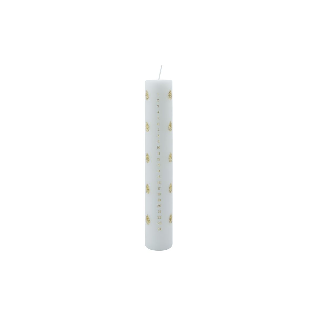 The House Doctor Calendar Candle 24 Days of Christmas in White features gold pinecone designs and vertical numbers from 1 to 24, making it ideal for a festive holiday countdown.