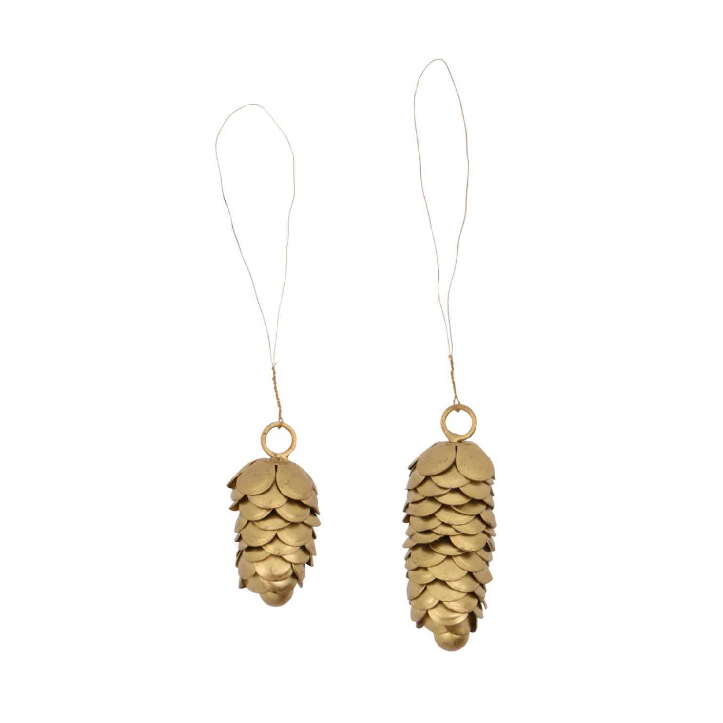 The House Doctor Ornaments Pinecones in Iron, Set of 2, features gold-colored pinecone-shaped metal ornaments with wire loops for hanging—ideal for adding elegant Christmas décor to your home.