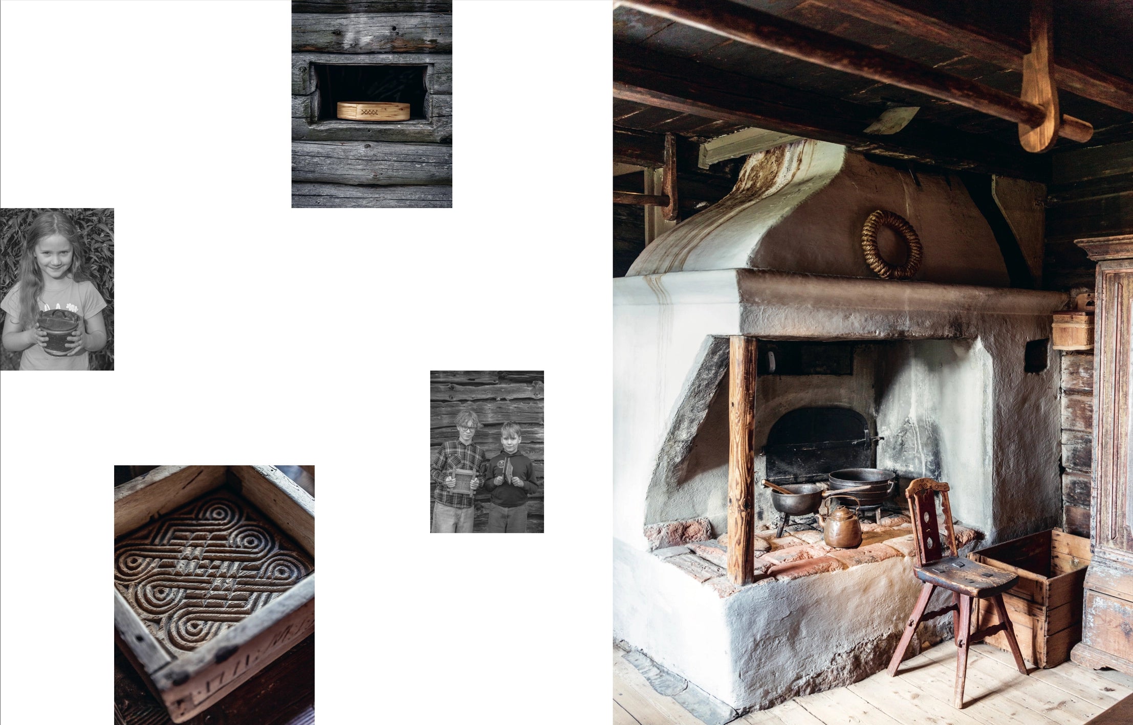 A rustic kitchen with a white plaster oven and wooden beams captures Finnish heritage, as shown in Cozy Publishing’s book “Genuine – Handmade Beauty from the North,” with images of bread, a young girl, two people, and a carved baking mold.