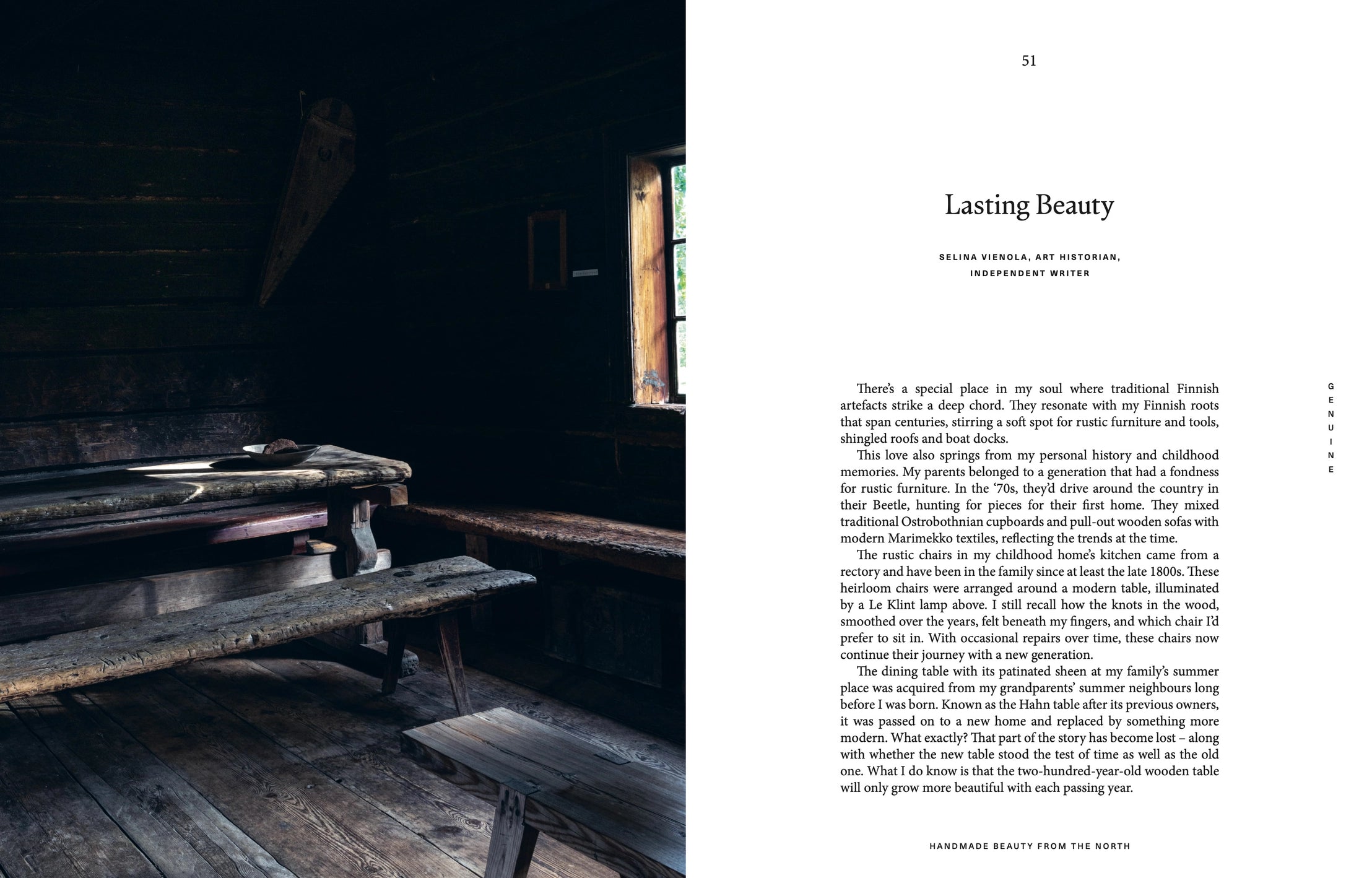 A rustic wooden room with vintage furniture and a loom on the left reflects Finnish craft tradition. Natural light shines in. On the right, a white page shows Cozy Publishing's "Genuine – Handmade Beauty from the North" book with text below.