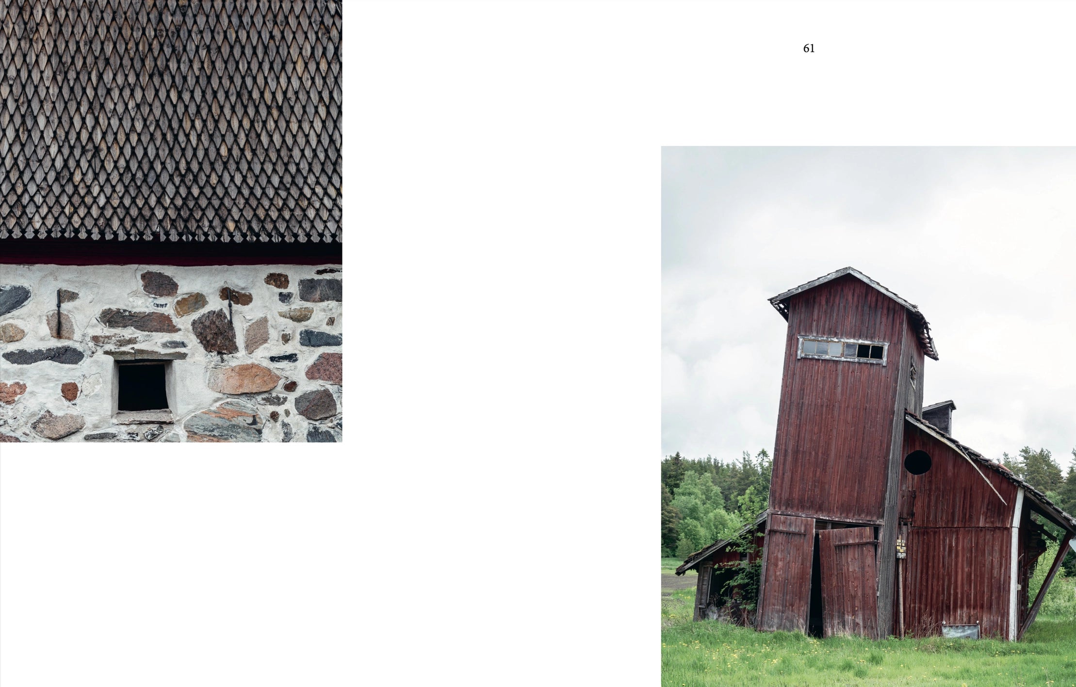A close-up of a stone building and a red wooden barn, reflecting Nordic heritage, as featured in "Genuine – Handmade Beauty from the North, Book" by Cozy Publishing—set amid green trees and a cloudy sky.