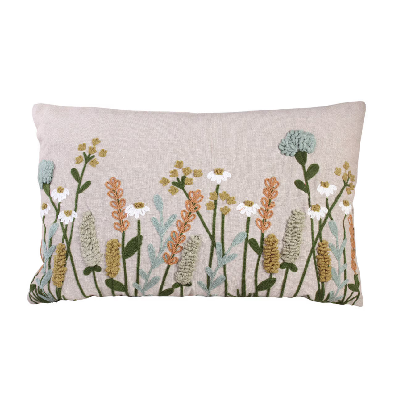 The Strömshaga Cushion Cover Elodie (40 x 60 cm) features beige cotton with embroidered green, white, blue, and brown flowers, adding a charming touch to your space.