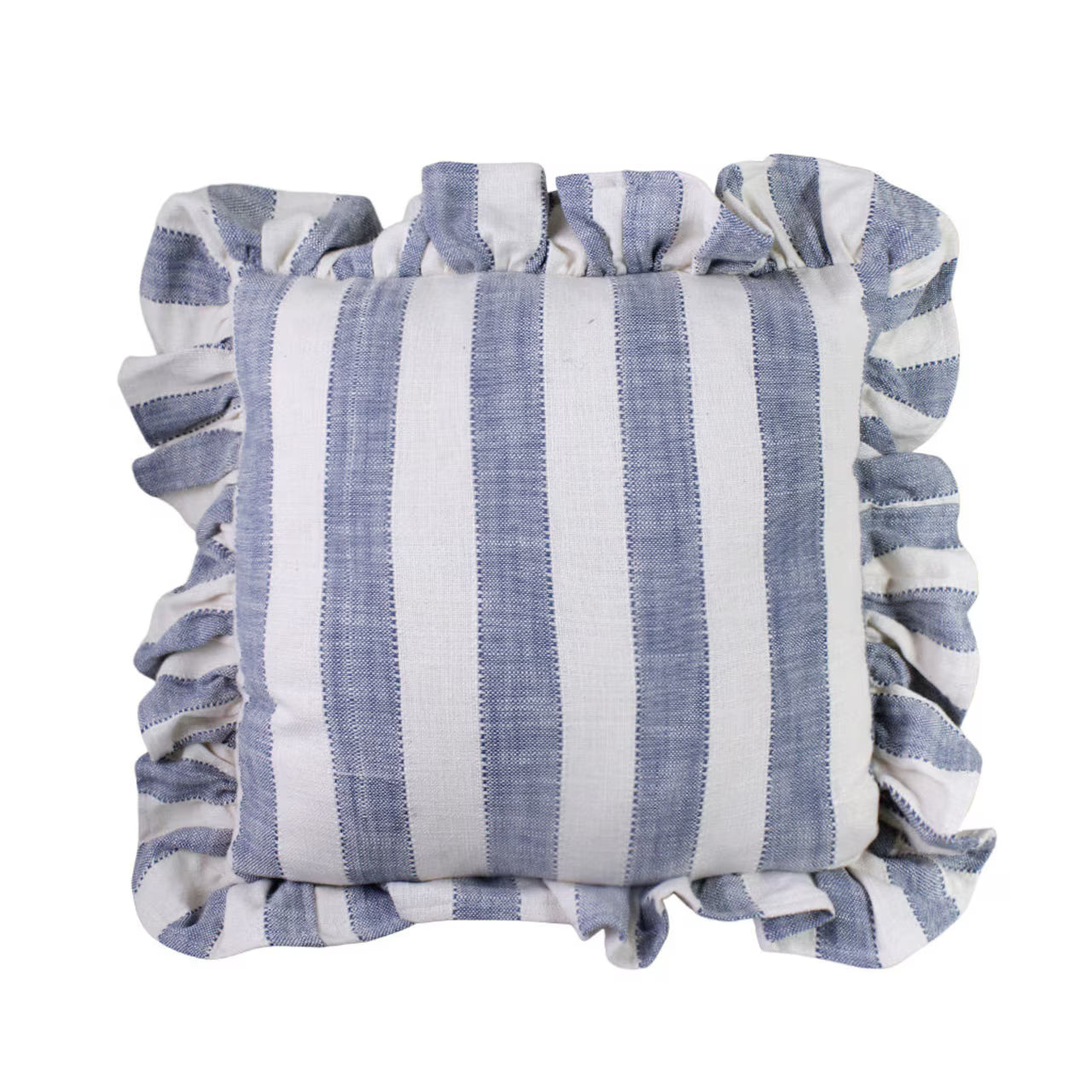 The Strömshaga Cushion Cover Ida Stripe w. Frill in Blue & White (45x45 cm) is a square organic cotton cover with vertical blue and white stripes and a matching ruffled edge, shown from above on a white background.