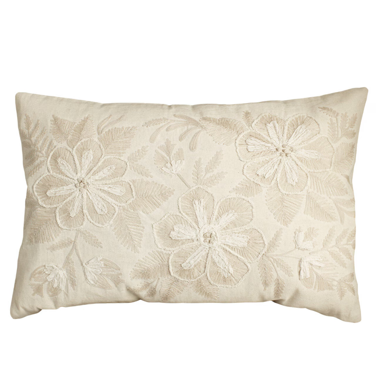 The Strömshaga Cushion Cover Roslinna, measuring 40 x 60 cm, is beige and features elegant floral embroidery with leaves and large flowers in matching thread.