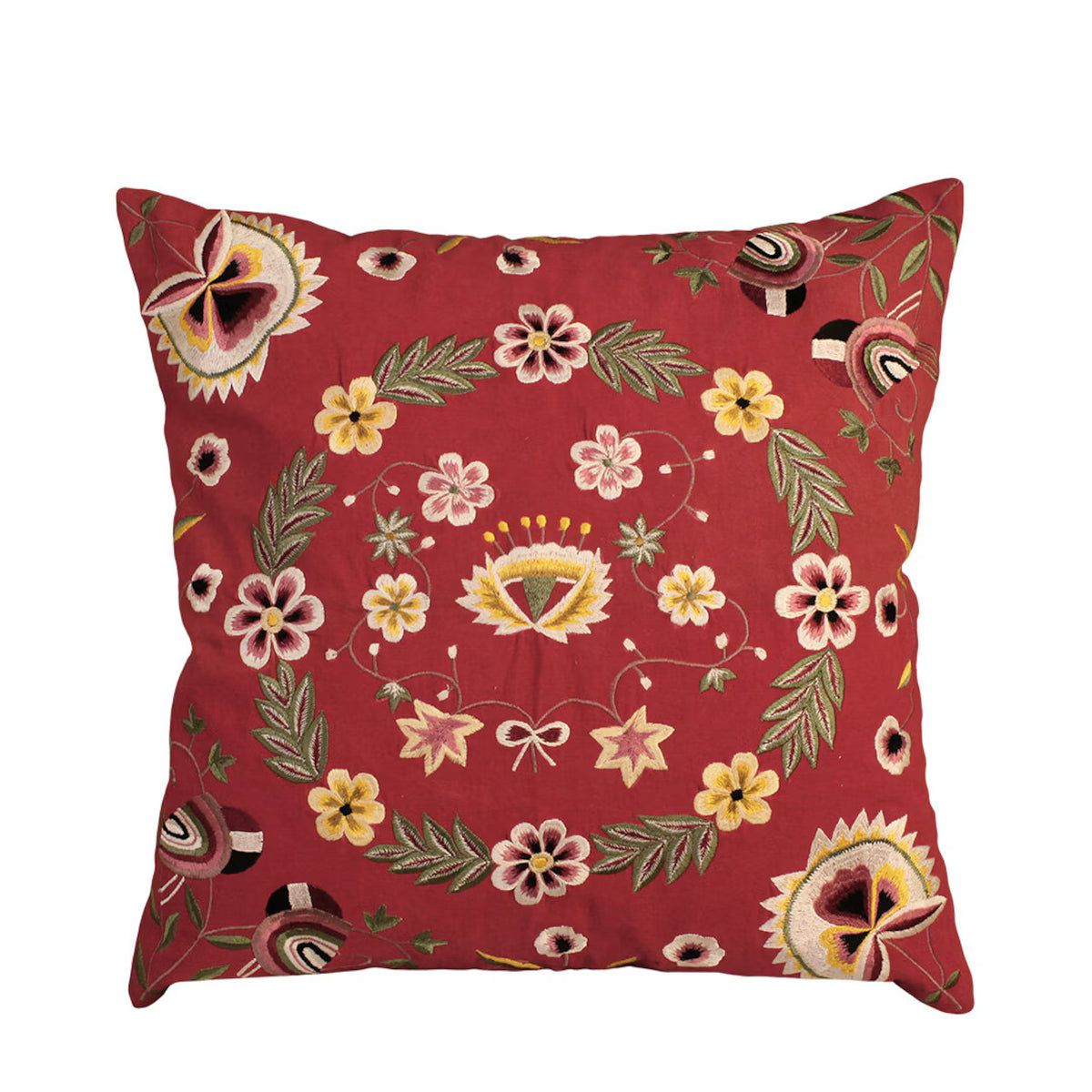 The Strömshaga Cushion Cover Dalglans 45 x 45 cm features a square red design with colorful embroidered floral and leaf patterns in yellow, pink, green, and white, arranged symmetrically in a circular motif. This charming cushion cover brings a touch of folkloric style to any space.
