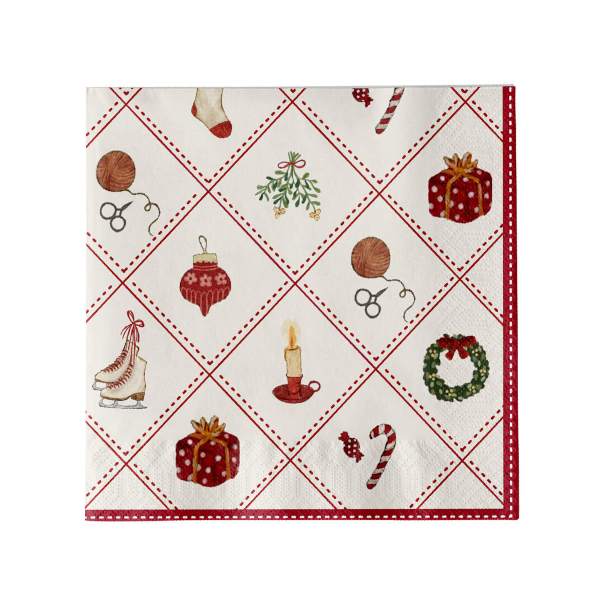 Celebrate sustainably with Strömshaga’s “Christmas Time” napkins—these 33 x 33 cm FSC-certified paper napkins feature a festive white background bordered in red, adorned with a diamond grid pattern and charming illustrations of Christmas items such as presents, ornaments, candy canes, ice skates, wreaths, a candle, mistletoe, yarn, and scissors.