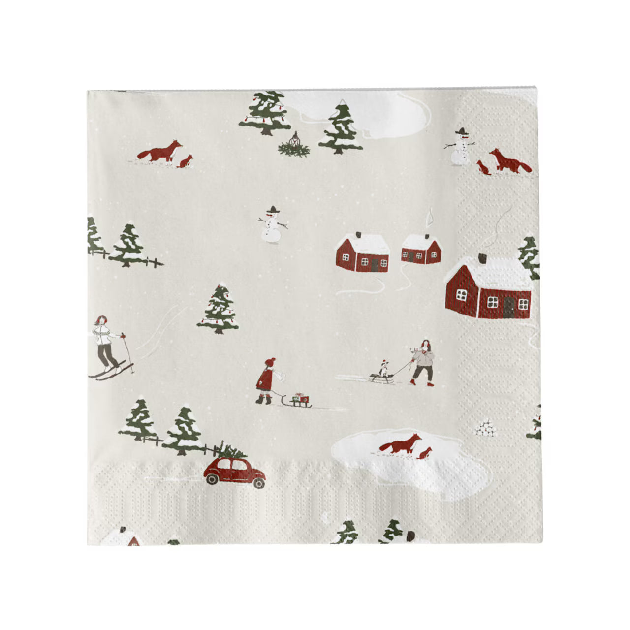 Strömshaga’s Winderland Napkins feature red houses, skiers, sledding kids, foxes, snowmen & pine trees on snowy scenes—festive FSC-certified paper napkins for your holiday table.