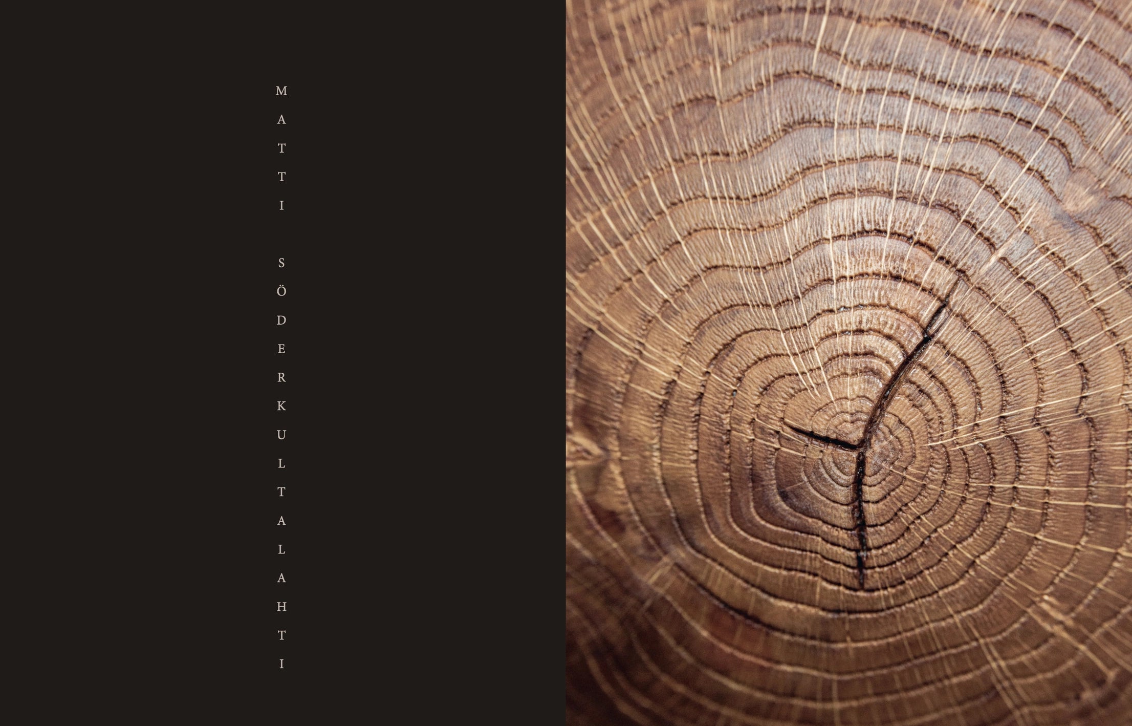 A close-up of tree rings inspired by Finnish artisanal heritage appears on the right; on the left, "Genuine – Handmade Beauty from the North, Book" by Cozy Publishing is spelled vertically in white text over a dark background.
