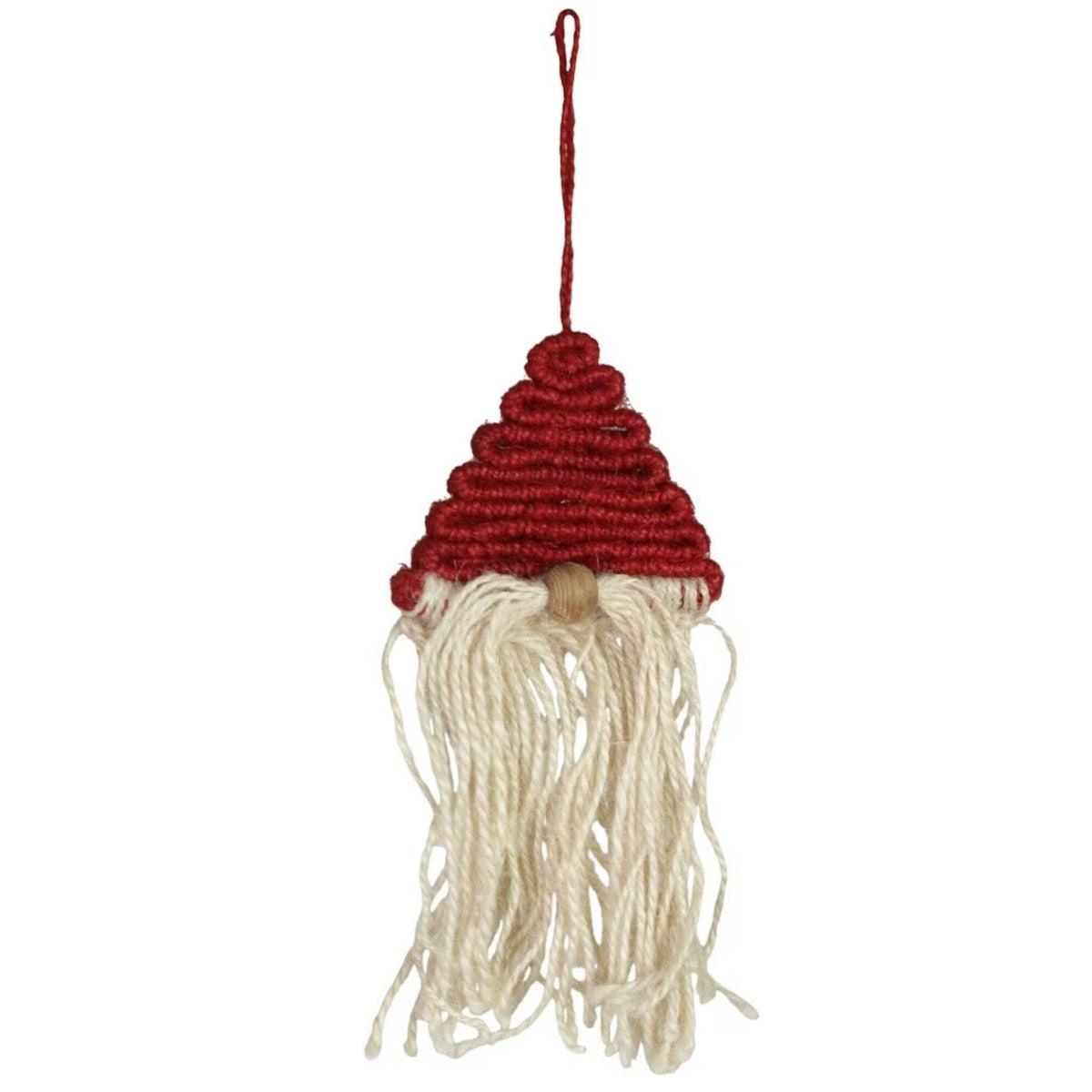 The Strömshaga Nisse Santa Ornament Handmade in Jute, Red and Off-white features a rustic red hat, a wooden bead nose, and long off-white jute strands forming a whimsical beard, all suspended from a red loop—perfect for adding Scandinavian charm to your Christmas décor or as an enchanting Santa Claus accent.