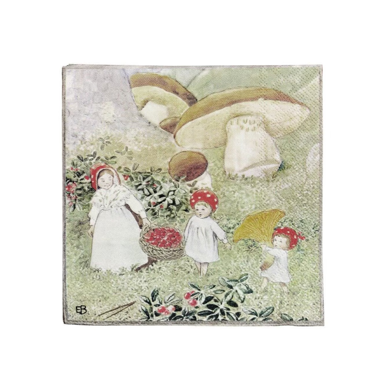 Three children dressed in white with red hoods are depicted amid a grassy area dotted with mushrooms on the Strömshaga Paper Napkin “Elsa Beskow, Children of the Forest.” One child holds a basket of red berries, another carries a yellow umbrella, and the third stands nearby. The whimsical illustration reflects classic Scandinavian table decor and beautifully echoes vintage Elsa Beskow napkin designs.
