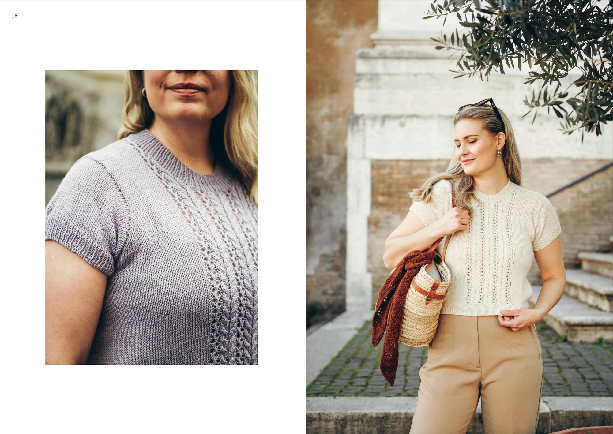 Left: Close-up of a woman in a light purple lace knit top from the Summer Knits Book by Cozy Publishing. Right: Woman wearing summer knits—cream top, beige pants, woven bag, and sweater—styled outdoors.