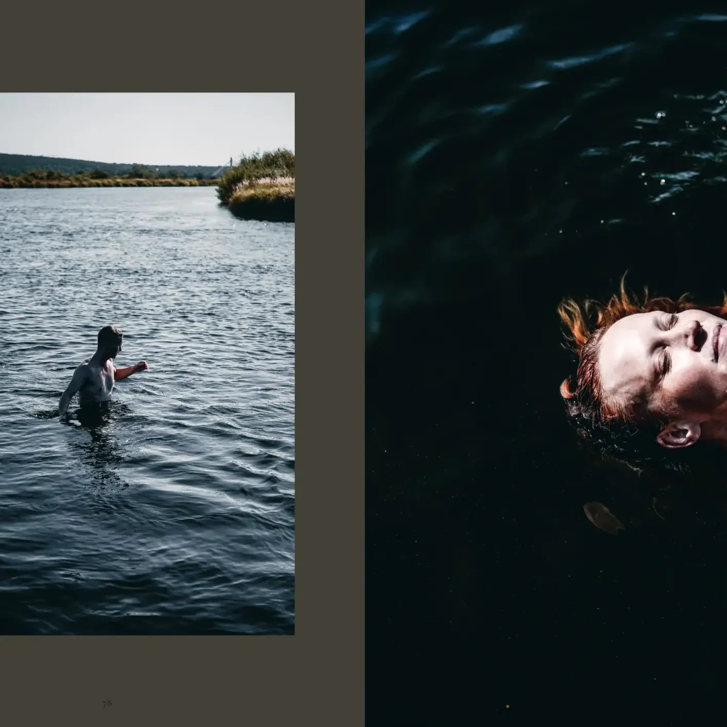 A split image: left, a person waist-deep in a river; right, a face and hair float on dark water. Each scene evokes nature and Finnish sauna culture, reflecting themes explored in Sauna Book by Cozy Publishing.