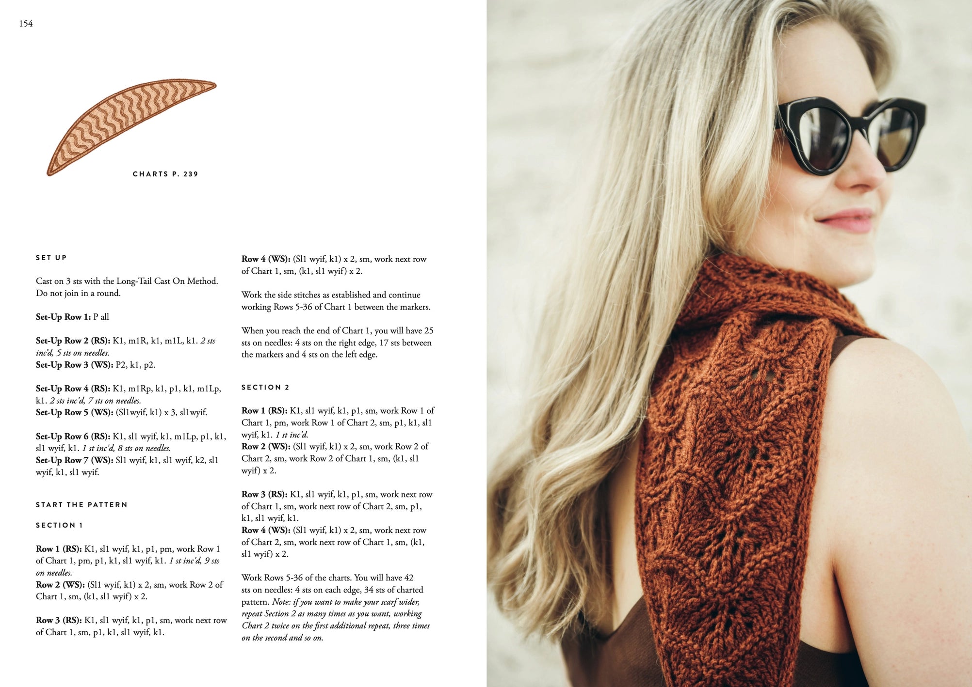 A woman with long blonde hair and sunglasses models a rust-colored knit scarf from the Summer Knits Book by Cozy Publishing, draped over her shoulder. The left side features knitting instructions and a small chart for the scarf pattern.