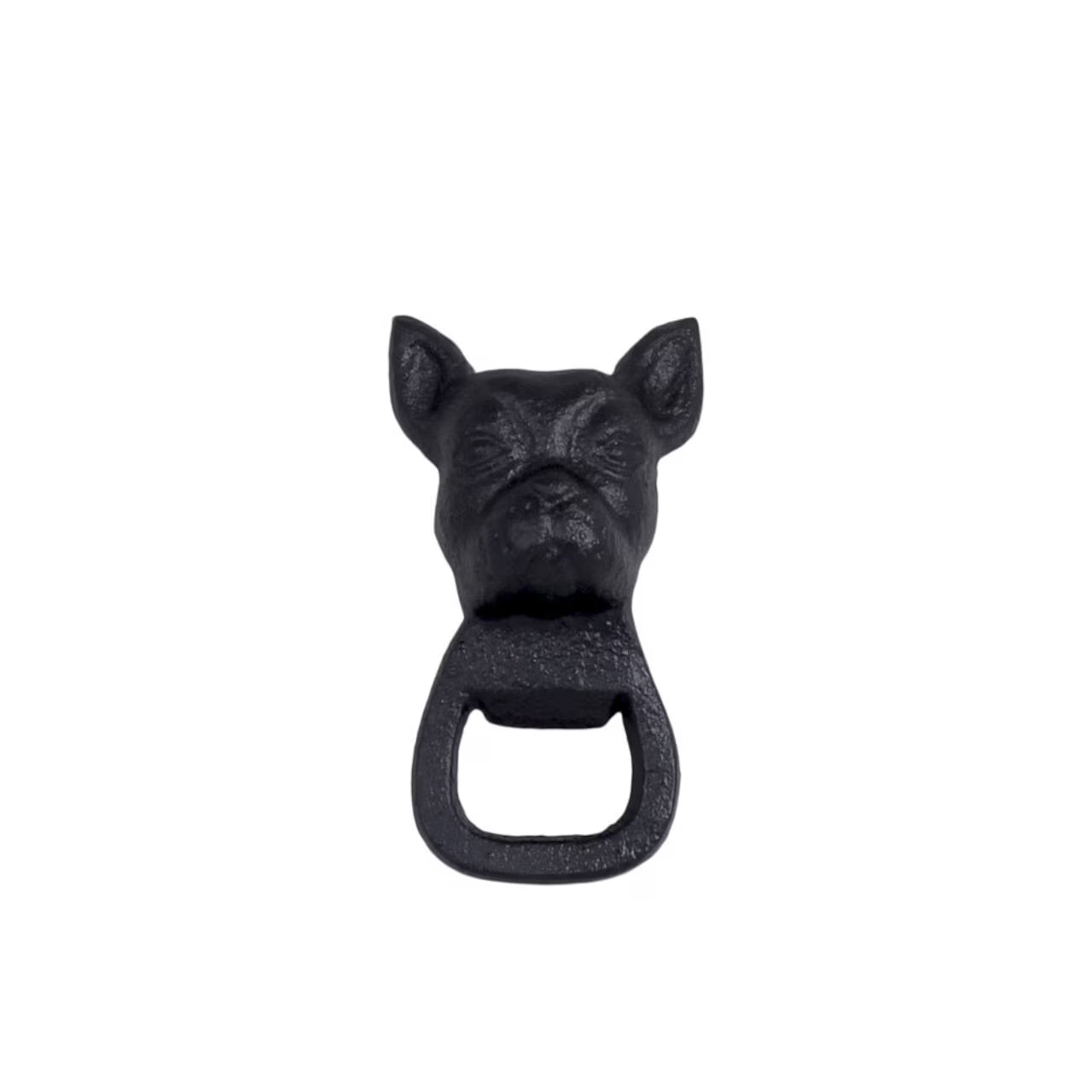 The Strömshaga Bottle Opener Dog, made of cast iron and shaped like a dog head with pointed ears and a bottle-opening loop beneath the snout, is shown against a plain white background.