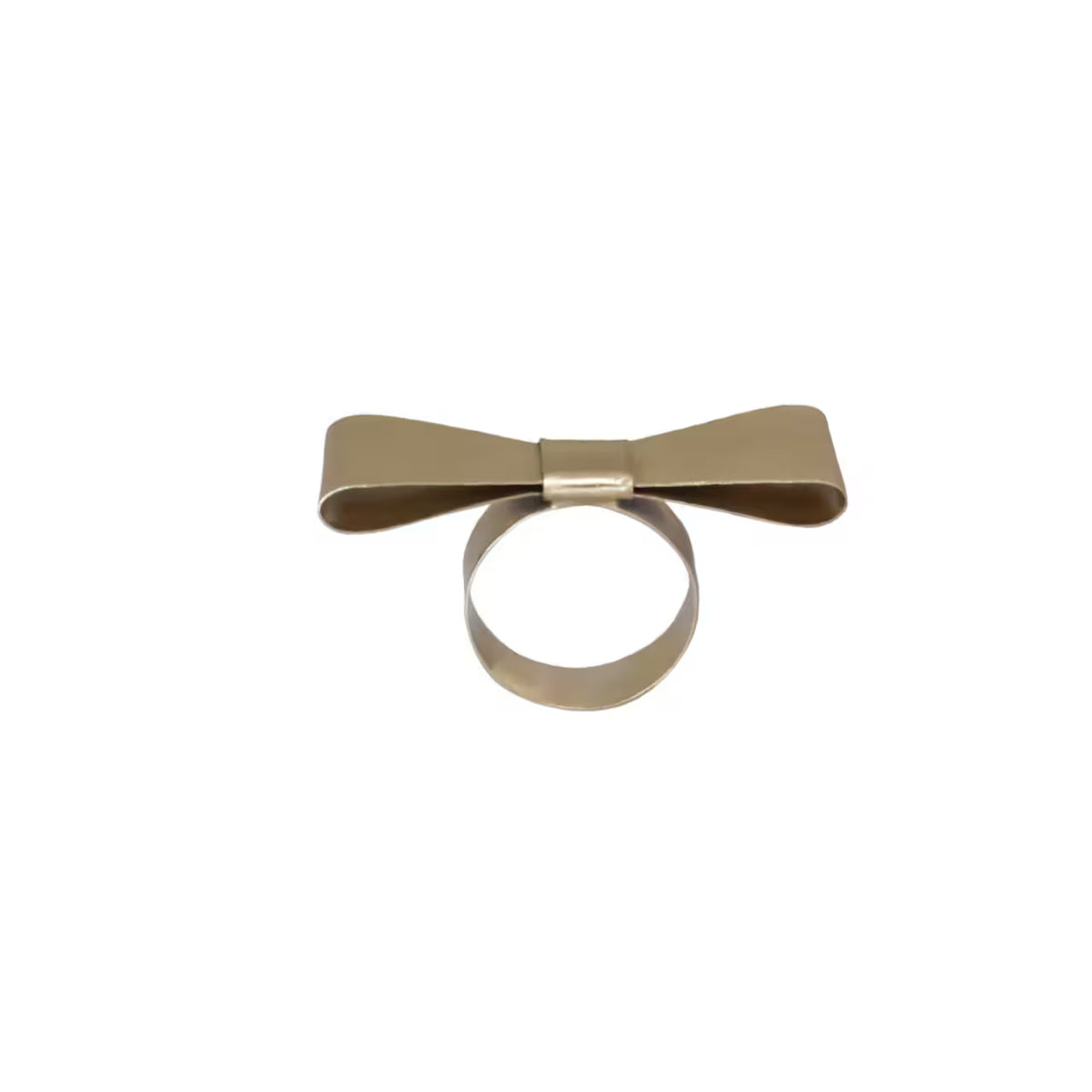 The Strömshaga Napkin Ring Bow Brass features a decorative bow tie shape with a circular ring below, crafted from brass and shown isolated on a white background—perfect for adding elegance to any table setting.